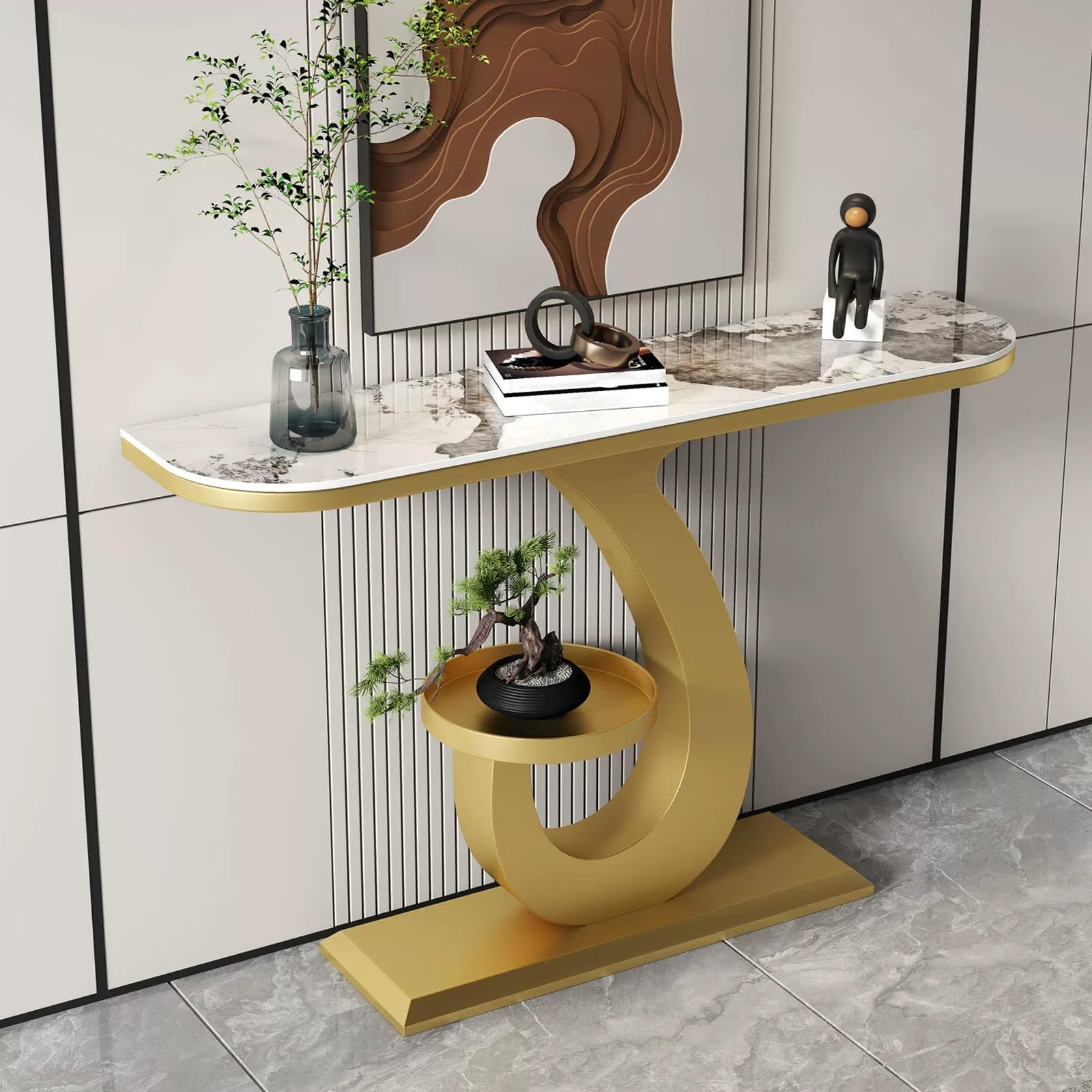 Mesa de sofá estrecha con soporte de acero de fácil montaje y piedra sinterizada antiarañazos