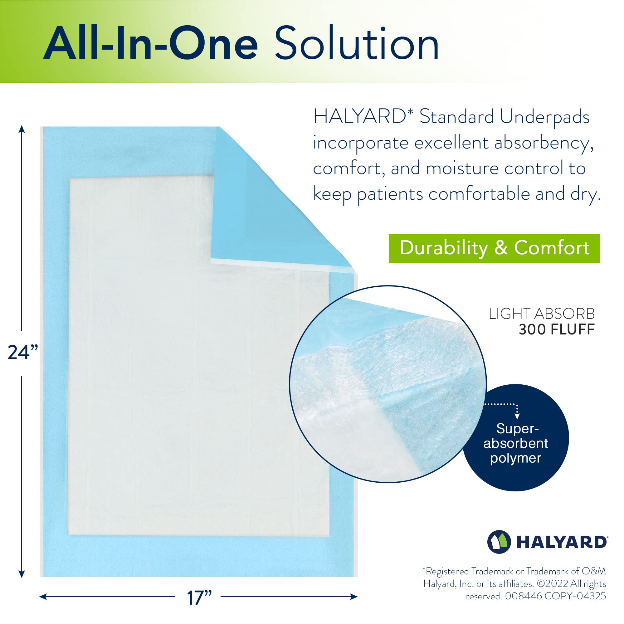 HALYARD Einweg-Unterlagen für Inkontinenzbetten, 43,2 x 61 cm, bequem, Einweg für Erwachsene, weiche Betteinlagen für ältere Menschen/Erwachsene, 48821, 50 Stück