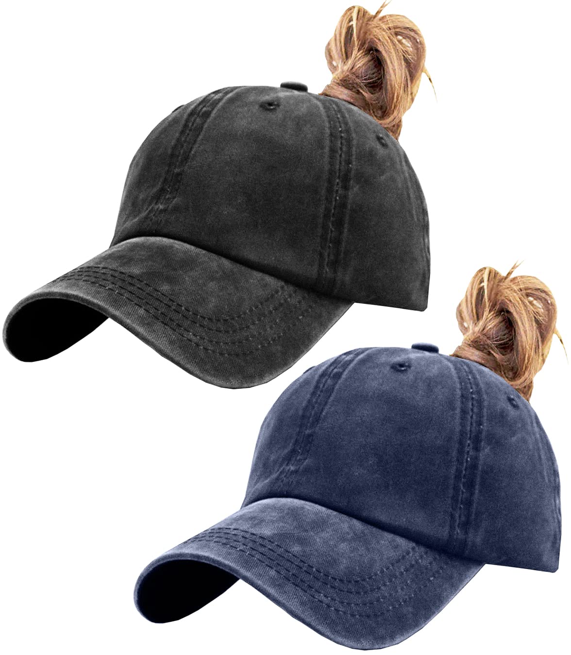 Lcztn Fashion Women's Black+Denim Blue 2 Pack Vintage Washed Distressed Baseball-Cap With Ponytail Hole Sport Golf Hat (Black+Denim Blue)