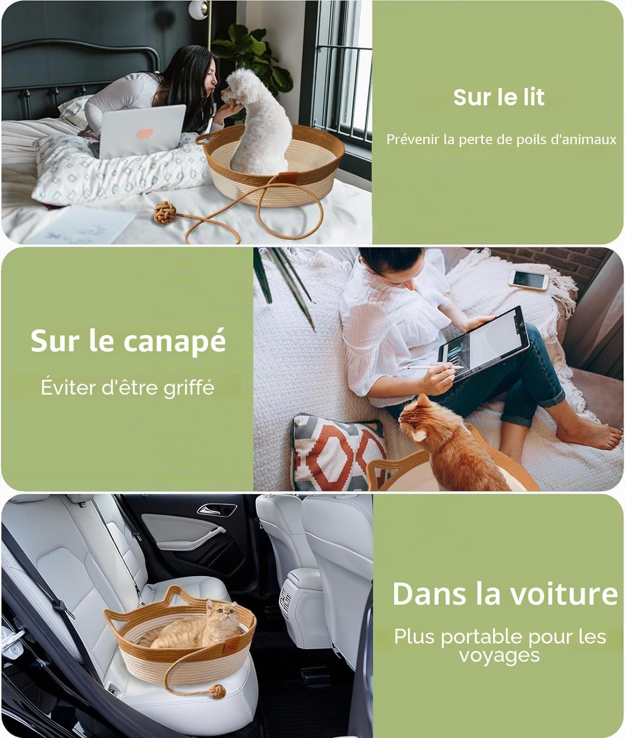 MEISO Lit pour chat intérieur en coton tissé à la main, panier avec queue de jouet, pliable et respirant (M)