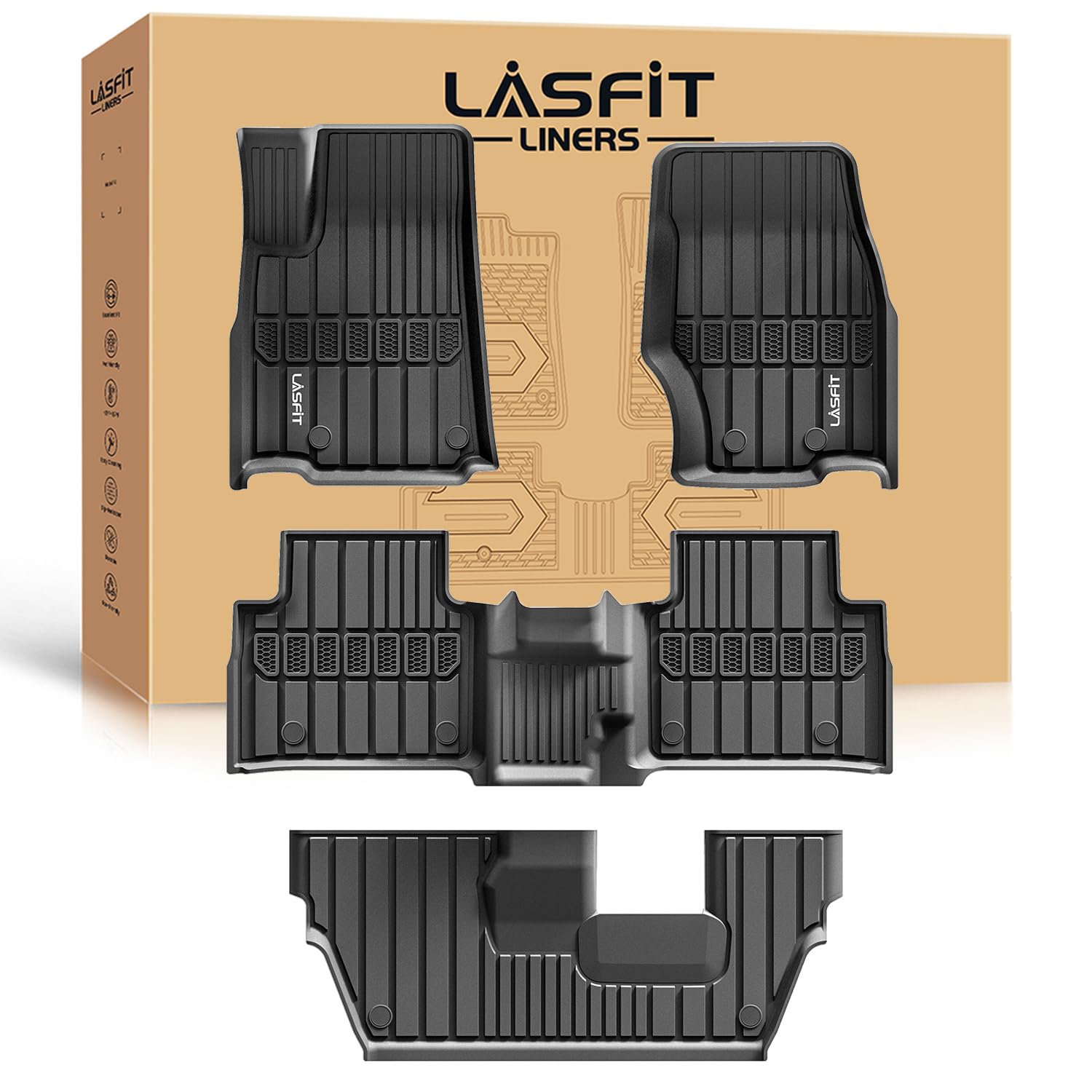 LASFIT Floor Mats for Jeep Grand Cherokee L 2021-2025 7 Seat (NOT Fit for 6-Passenger) All Weather TPE Custom Fit Car Mats Floor Liners 1st & 2nd & 3th Row, Black