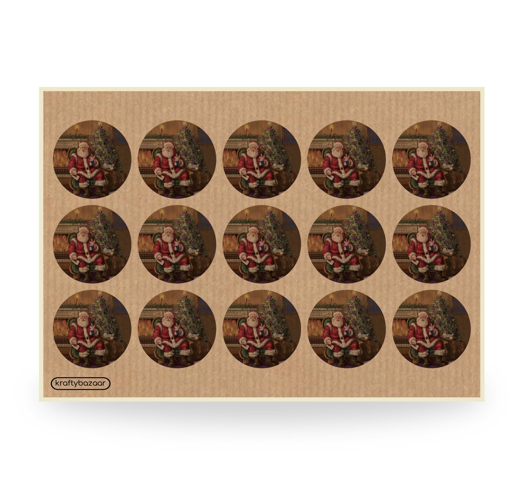 KraftyBazaar Pack of 450 Santa Claus Paper Labels - 37mm Round Self-Adhesive Kraft Brown Paper Labels - Multipack Festive Stationery Craft Decor Vintage Santa Claus Labels