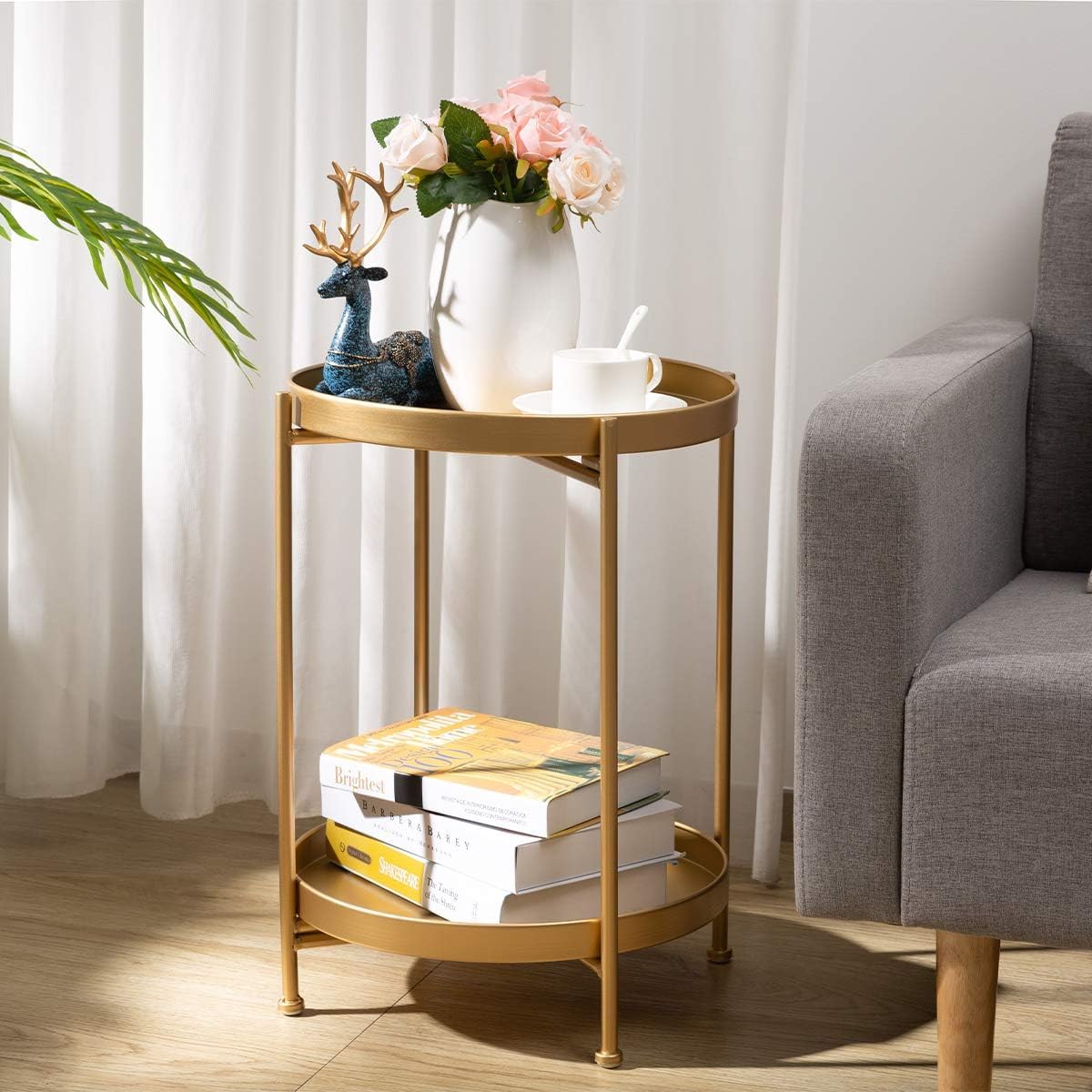 INDIAN DECOR 42113 2-Tier Round Side Table, Outdoor Small Folding Accent Stand with Removable Tray, Anti-Rust Metal Asional Table for Balcony Patio Living Room, Nightstand for Bedroom(Golden) 3