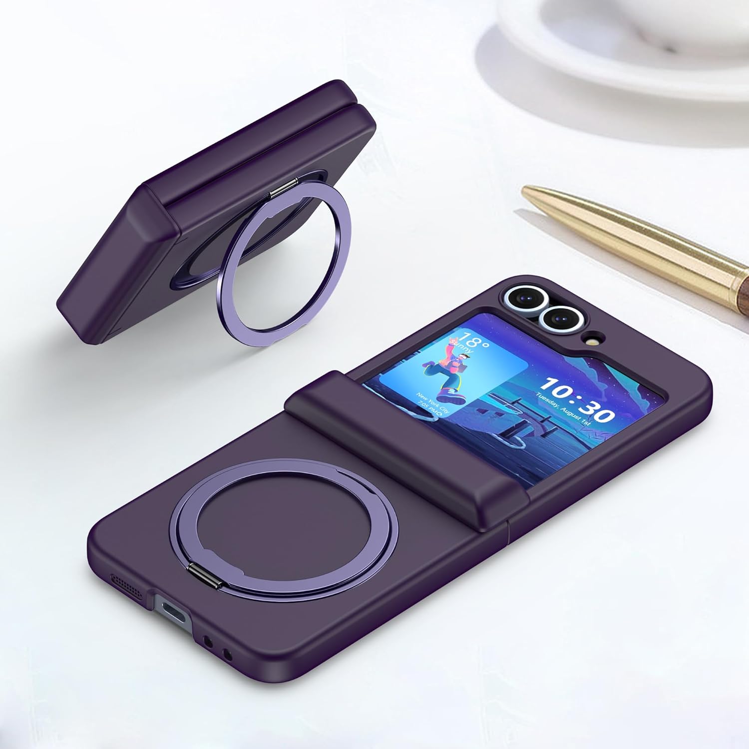 Designed for Samsung Galaxy Z Flip 6/5 Case Magnetic with Hinge Protection & Screen Protector & Kickstand [Compatible with MagSafe],Slim Protective Phone Case Cover (Dark Purple)