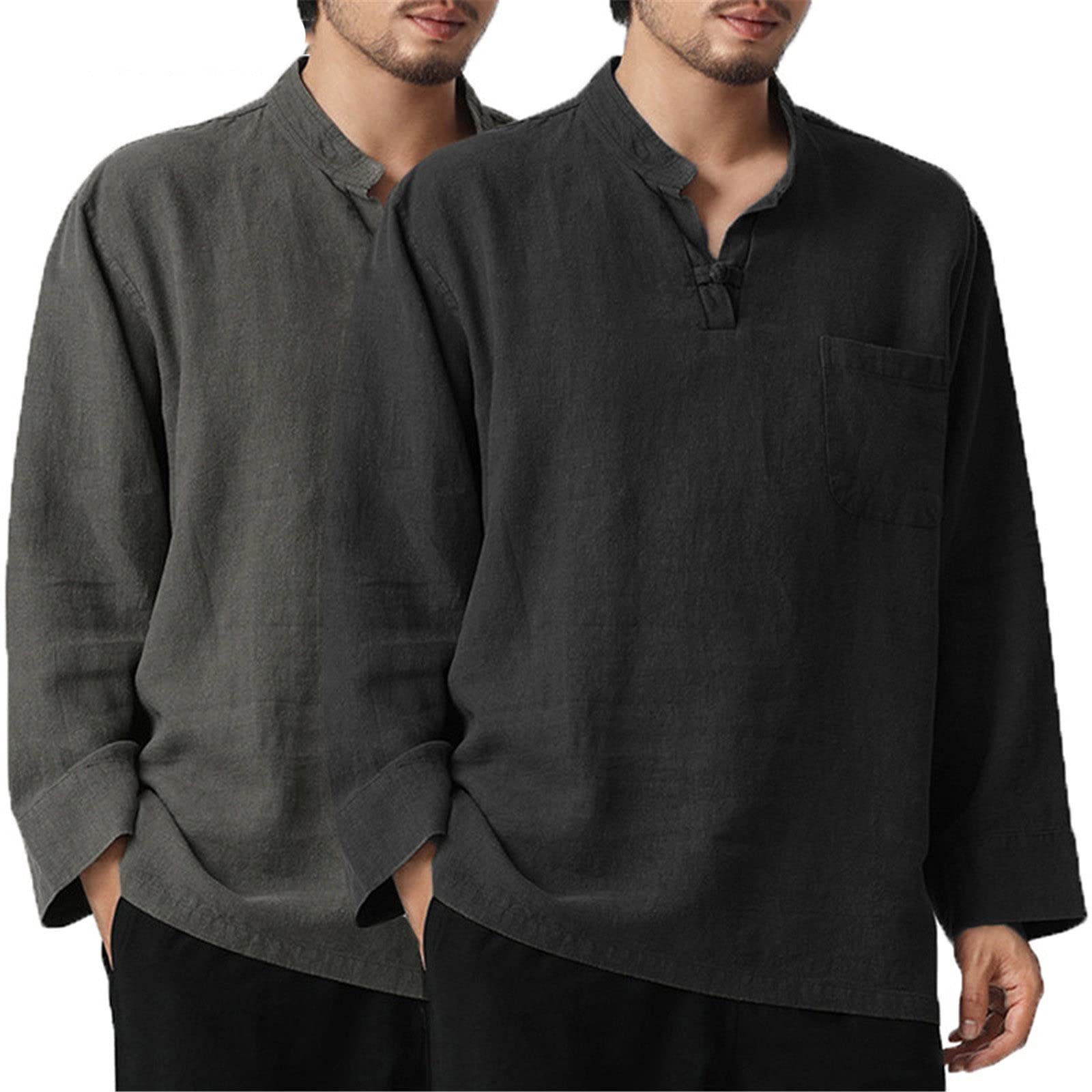 Magliette da uomo alla moda, con scollo a V, tasche sul petto con bottoni in stile retrò, Nero , XXL