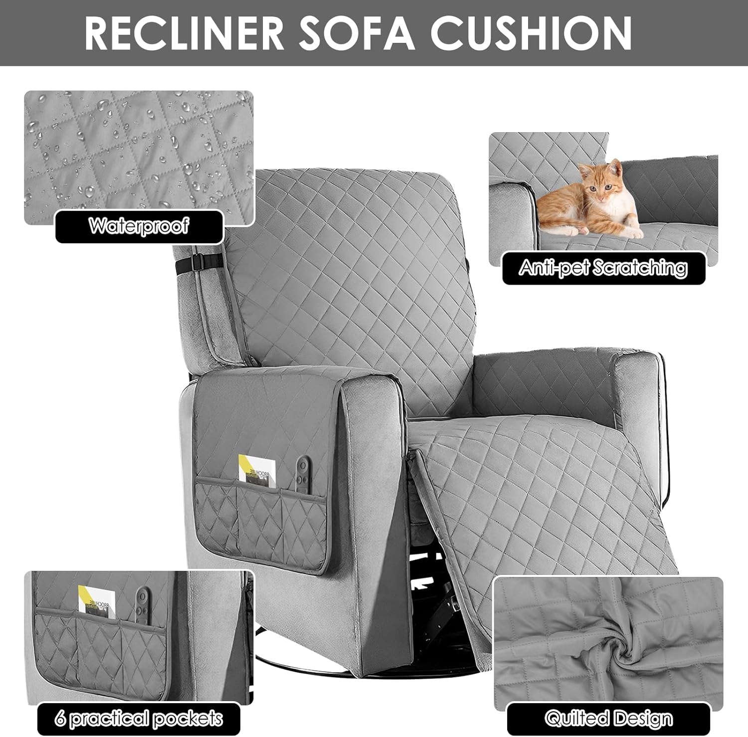 Waterproof Recliner Chair Cover, Nonslip Recliner Cover, Integrated Recliner Cover With Elastic Strap Side, Washable Slipcover with Pocket, Ideal Recliner Slipcovers for Pets and Kids (Light Grey)