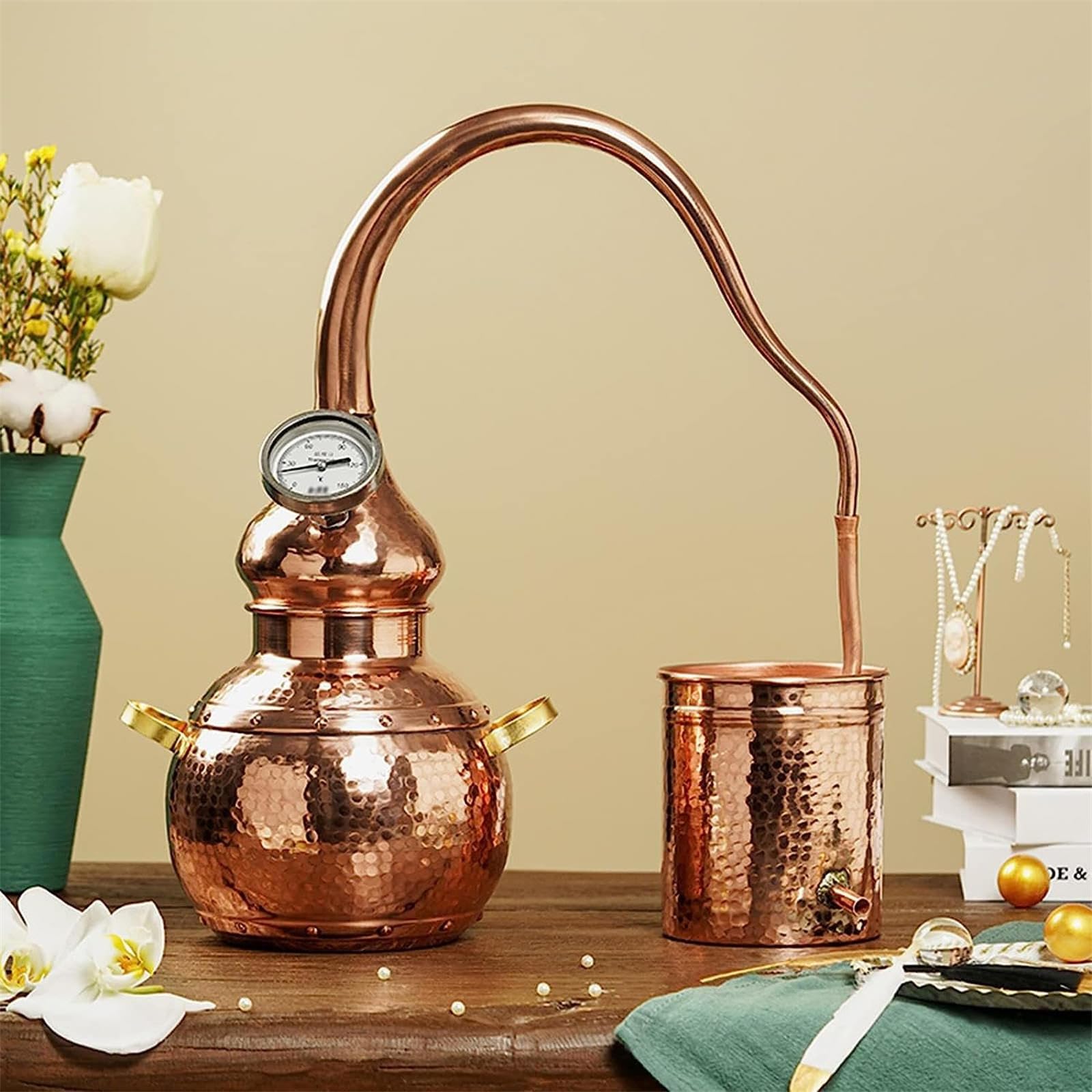 Kit de alambique de cobre puro con termómetro para elaboración casera, whisky y destilación de aceites esenciales