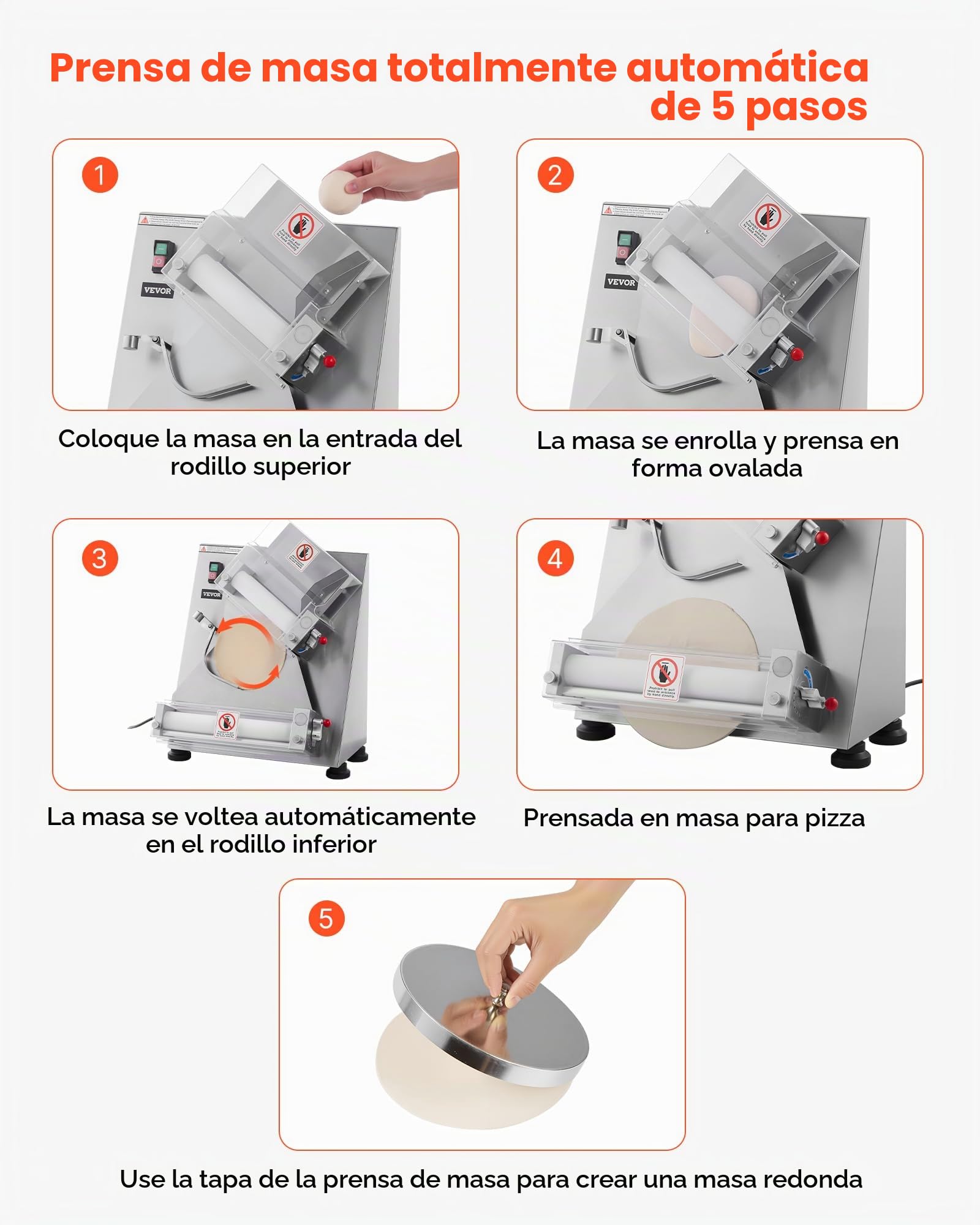 VEVOR Rodillo Laminador de Masa para Pizza, Prensa Automática de Acero Inoxidable de 7,6 a 35,5 cm, 260 Piezas por Hora, Grosor Ajustable, con Tapa para Prensar Masa, 465 x 500 x 640 mm, Plata