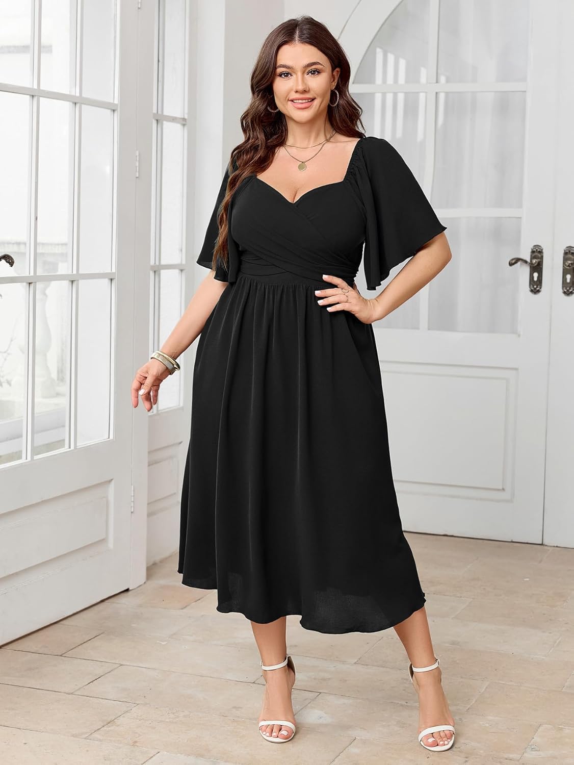 Women's Plus Size Midi Dress Sweetheart Neck Short Sleeve Wedding Guest Cocktail A Line Flowy Dress - Image 6