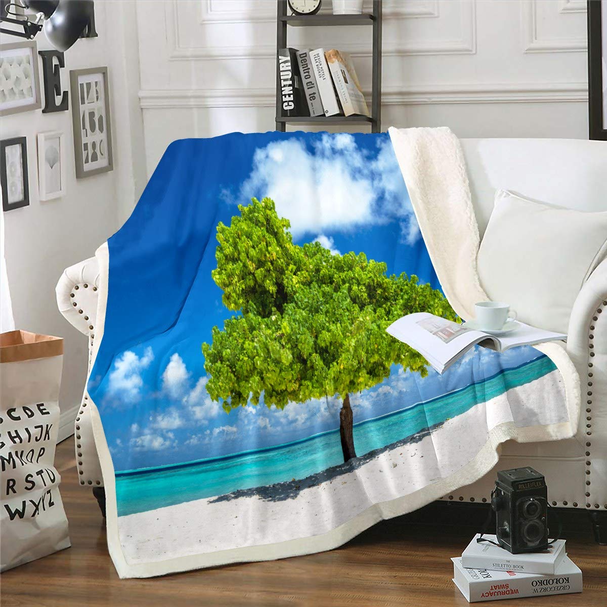 Loussiesd Beach Themed Fuzzy Blanket - Ocean Sea Printed Fleece Throw With Green Tree Sherpa for Sofa, Bed, Couch - Hawaiian Beach Flannel Room Decor - Double 60"x79" — image 1