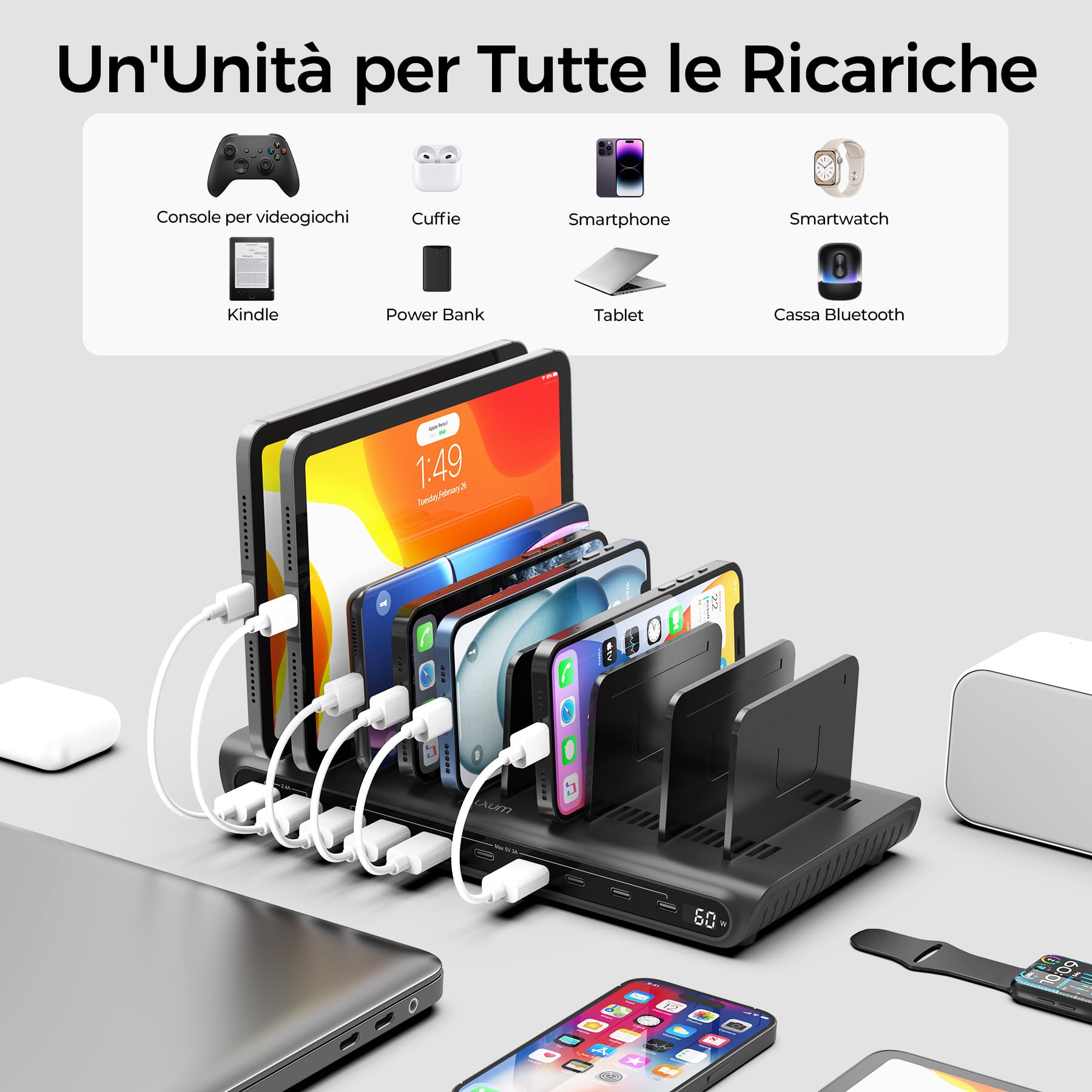 Alxum Stazione di Ricarica USB 10 Porte 60W, Multi Caricatore USB con Display LED, 8×USB-C e 2×USB-A, Smart Charging Station per iPhone, iPad, Phone, Tablet, Android, Ideale per Casa, Ufficio e Scuole