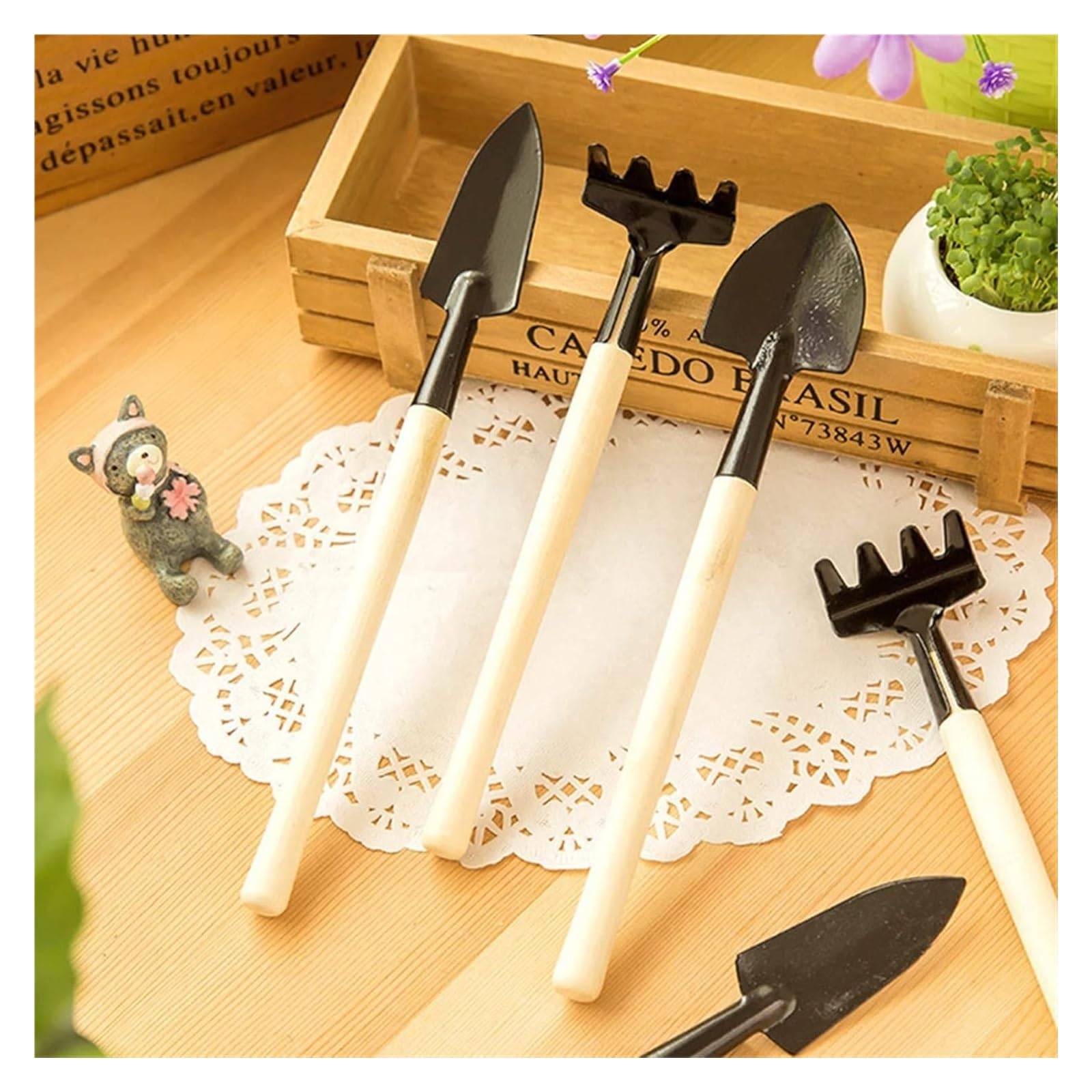 Attrezzi da giardinaggio, attrezzi per trapianto di piante 3 pezzi/set Attrezzi da giardinaggio Manico in legno Piante in vaso in acciaio inossidabile Pala Rastrello Vanga per fiori Sementi di piant