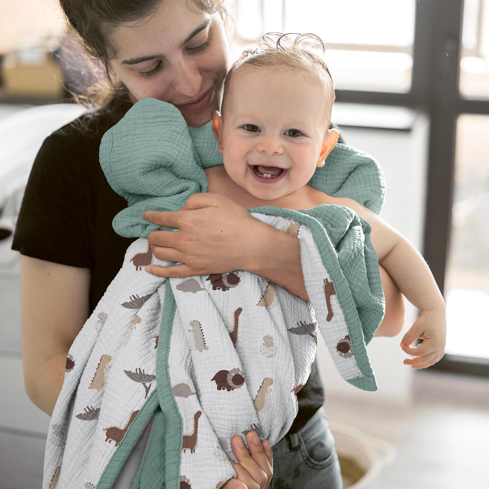 lulumoon Manta de muselina para bebé, manta de algodón para niños pequeños, manta reversible para cuna de bebé, niños y niñas, 47 x 47 pulgadas (dinosaurio salvia)