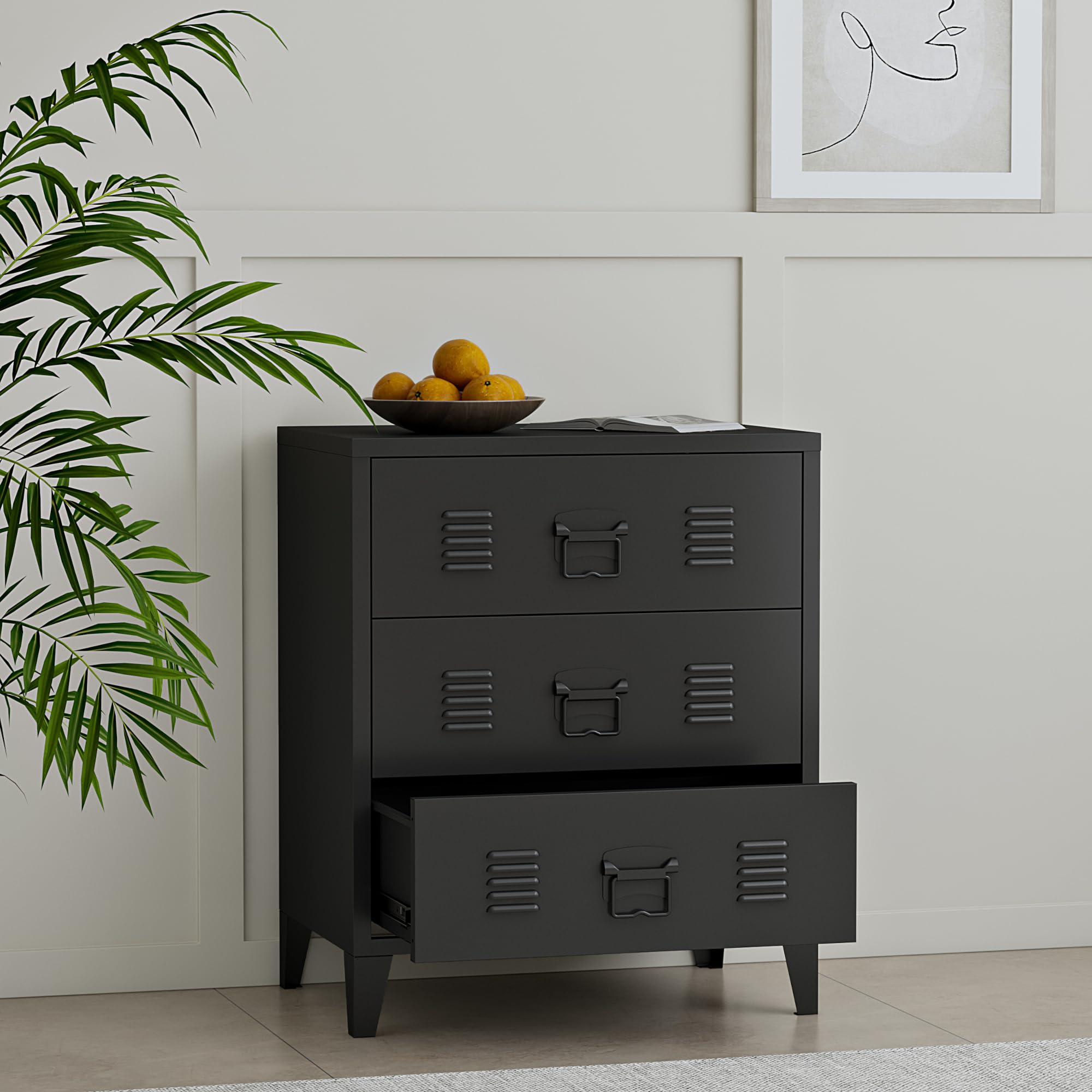 [en.casa] Cassettiera in Acciaio Comò con 3 Cassetti Organizzatore da Ufficio Soggiorno Mobile Contenitore per Archivio 72 x 60 x 40 cm - Nero