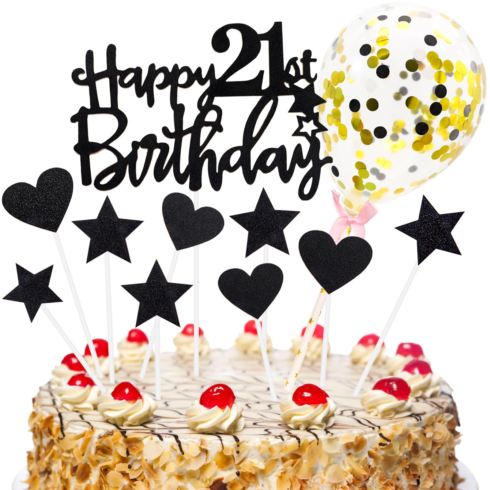 Tortendeko 21 Geburtstag für Mädchen Junge, Schwarz Happy Birthday Cake Topper mit Konfetti Luftballon, Glitzer DIY Kuchen Deko 21 Jahre