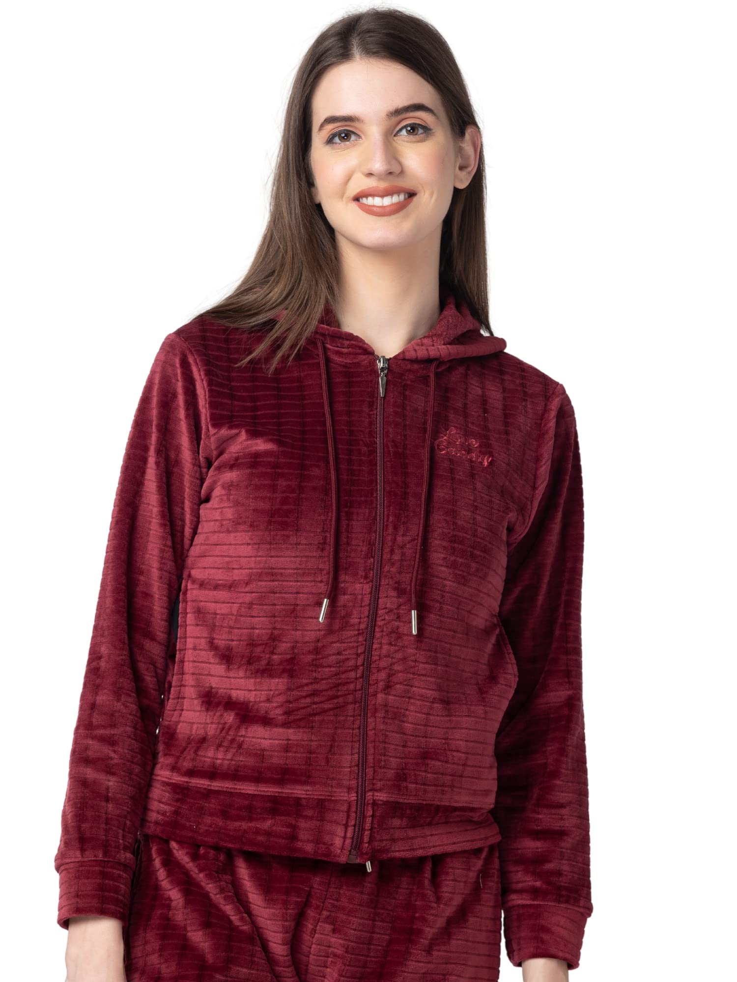 CandyskinWomen Velvet Hooded Neck Velour Sweatshirt - Stylish And Comfortable, Sweatshirt , Perfect For Sleep Wear, Everyday Use (XXL, Wine), 2XL