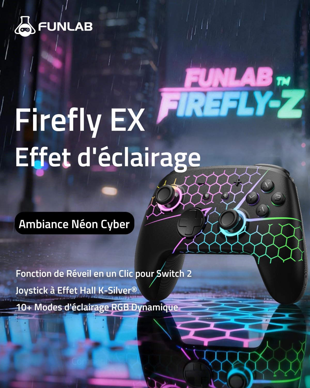 Funlab Manette Switch 2 Pro pour Switch2/OLED, Manette Switch 2 Sans Fil à Effet Hall avec Réveil Instantané, Firefly Bluetooth Pro Controller avec 7 Couleurs LED/Boutons Arrière/Turbo - Noir
