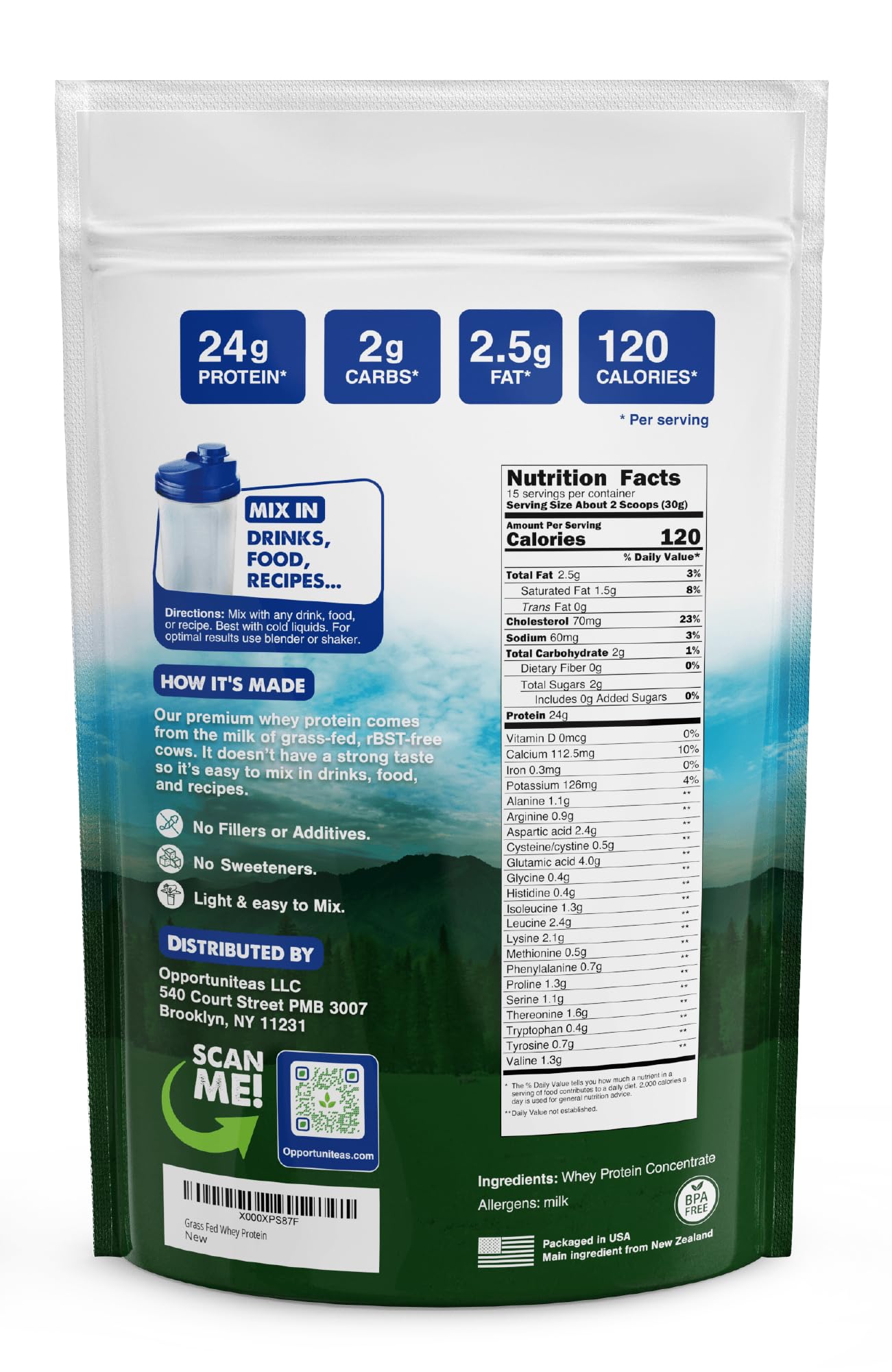 Opportuniteas Grass Fed Whey Protein Powder Concentrate - 1 Ingredient - Pure Protein Supplement for Drink, Smoothie, Shake, Cooking & Baking - Non GMO, Hormone Free & Gluten Free - 1 Pound — Amazon image 2