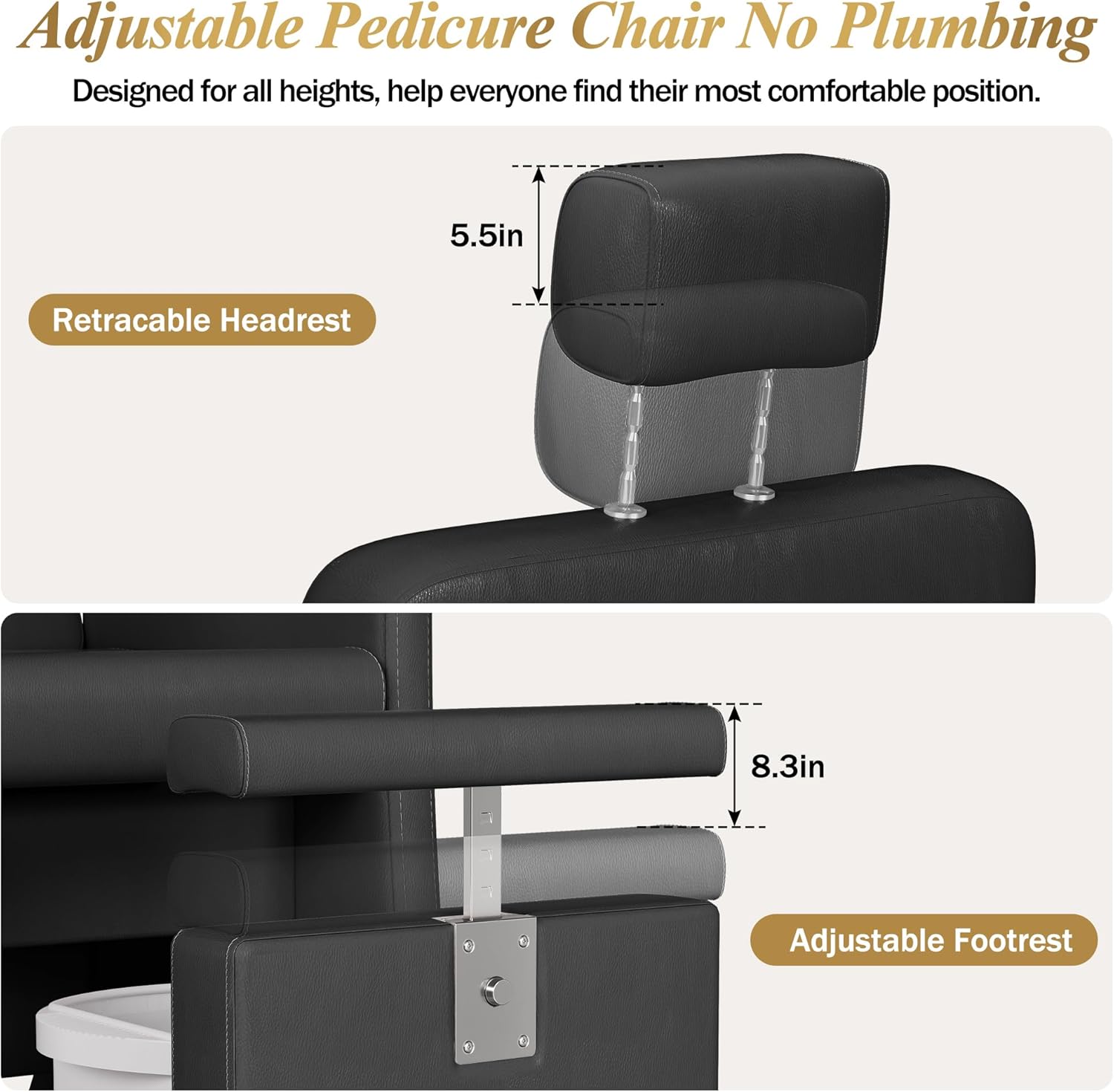 KIGOTY Pedicure Station for Nail Tech, Reclining No Plumbing Pedicure Chair with Hidden Storage Platform, Black Pedicure Chair No Plumbing