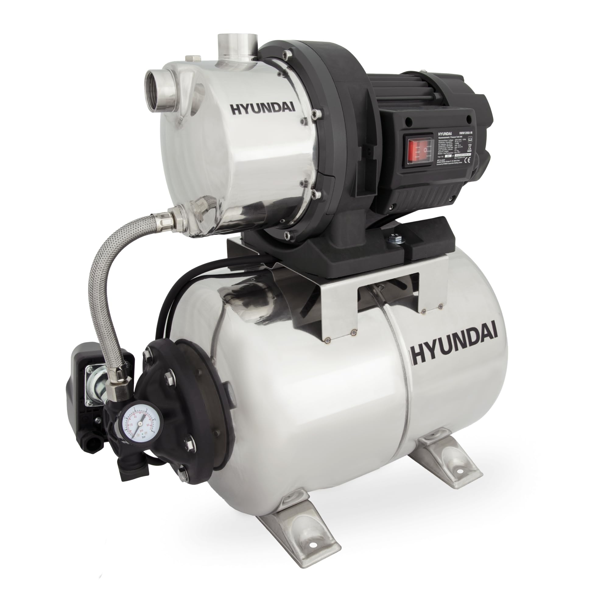 HYUNDAI Hauswasserwerk HWW12050-IN | 1200 W, 19 L INOX-Kessel | Fördermenge 5.000 l/h, Förderhöhe: max. 50 m | autom. Druckschalter, Edelstahl-Pumpengehäuse