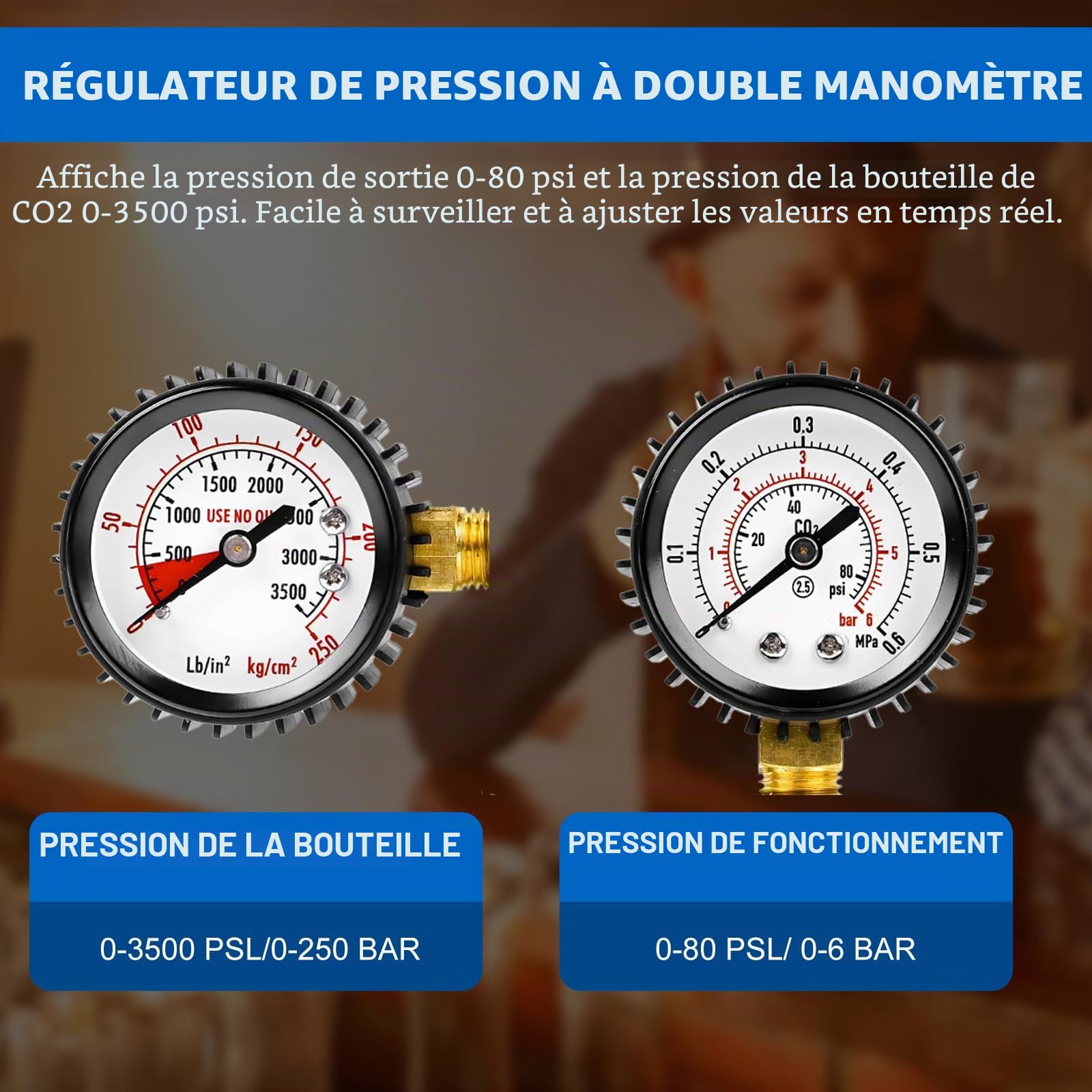 Détendeur Bière Régulateur de Pression CO2, avec Double Manomètre | en Alliage de Cuivre et d’aluminium, Raccord W21,8 x 1/14", pour Distributeurs de Bière, Brassage de Bière, Tireuse à Bière