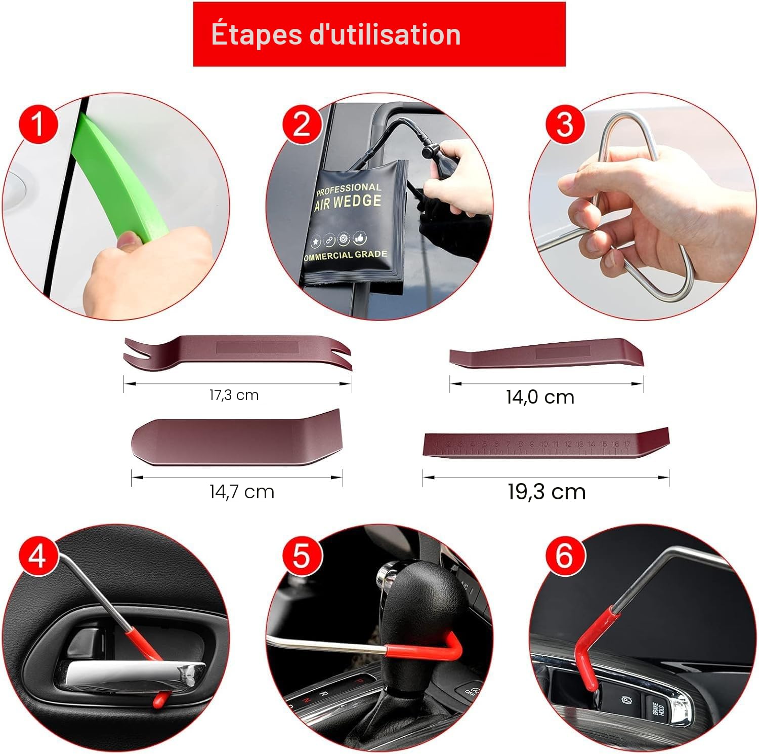 Menborn Kit d'outillage professionnel pour voiture, 16 pièces avec long manche, pompe à coin d'air, cale sans trace, gants, indispensable en cas d'urgence