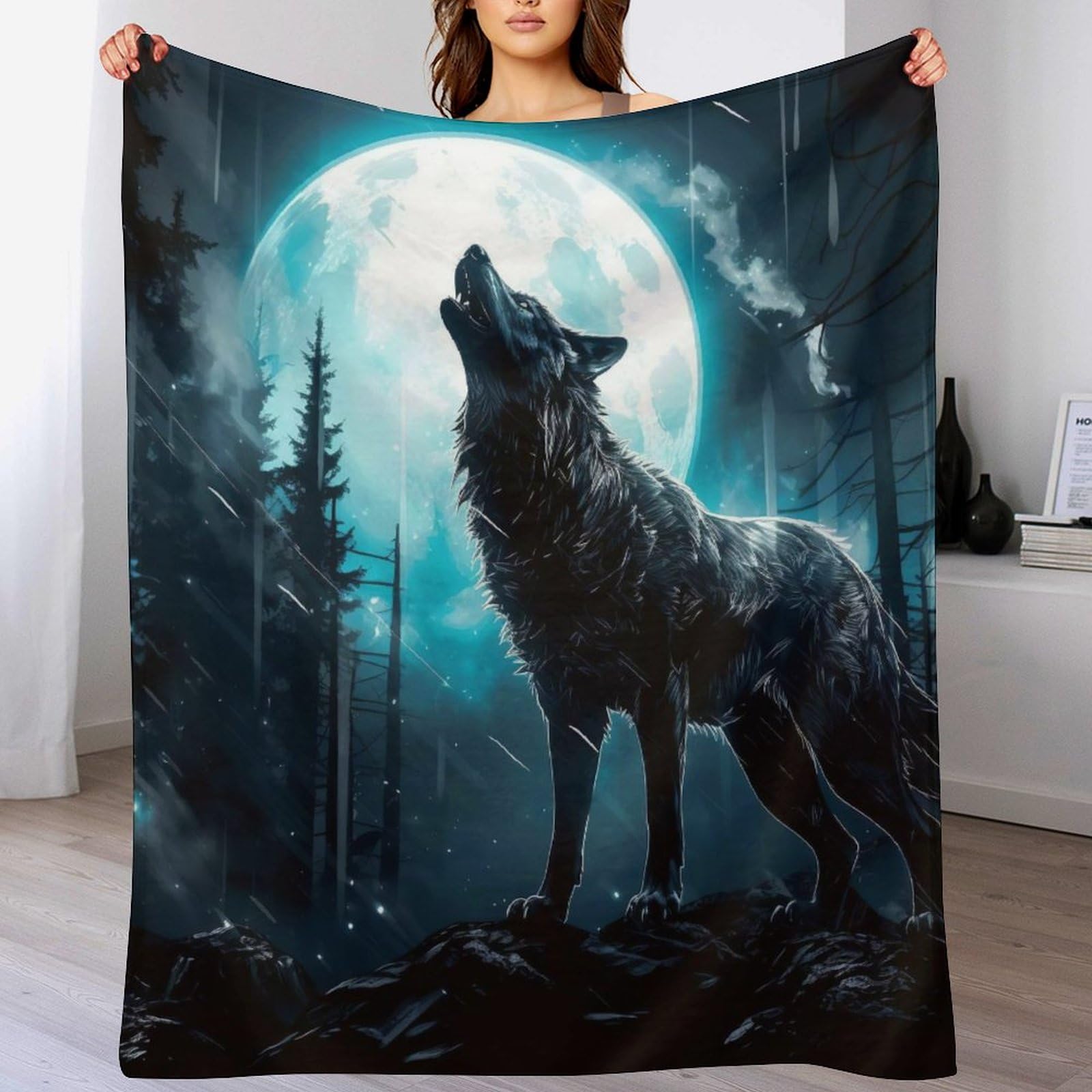 Couverture polaire douce motif loup 130x180 flannel plaid canapé chaud hiver