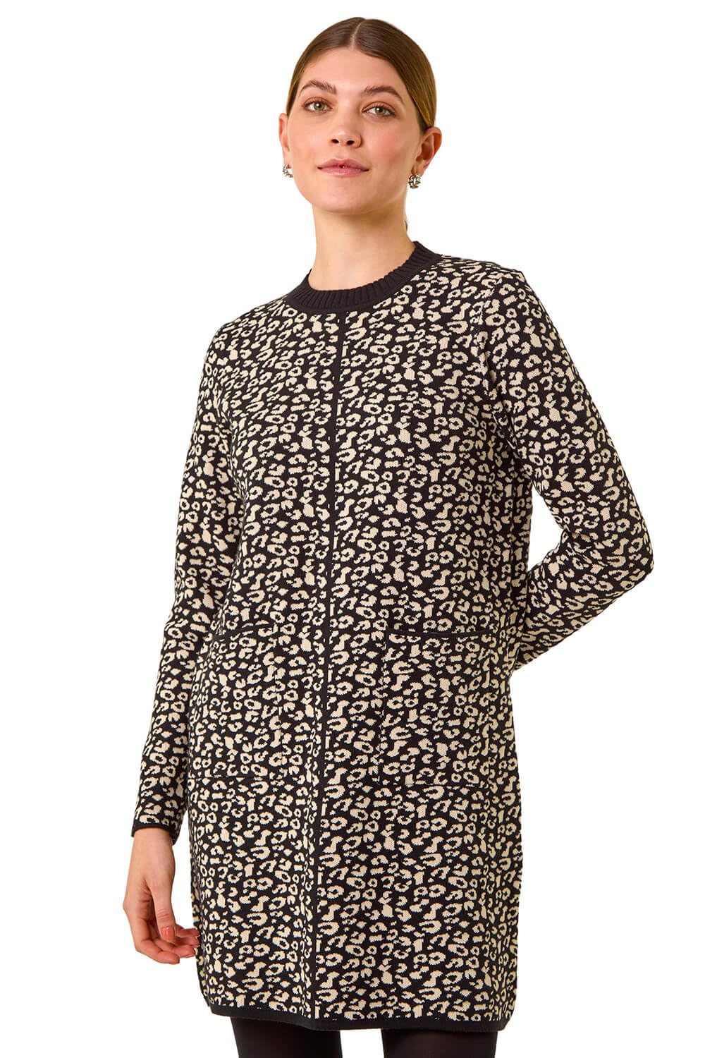 Roman Originals Animal Print Knitted Shift Dress for Women UK - Ladies Everyday Autumn Winter Round Neckline Comfy Soft Evening Vacation Work Party Night Out - Black - Size 12