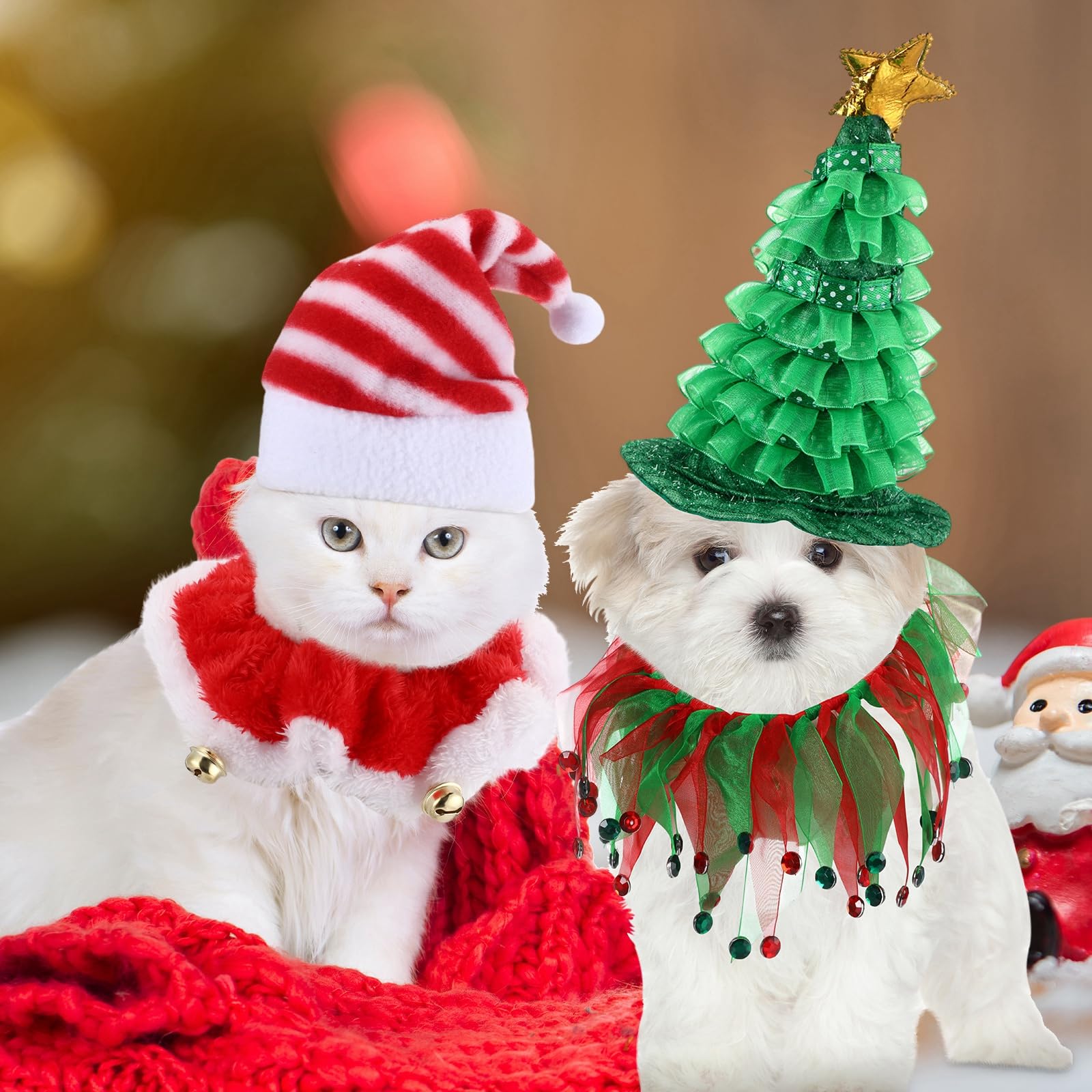 16 piezas de disfraz de Navidad para gatos, sombreros de Papá Noel y collar con cascabeles para mascotas, perros pequeños y gatos, collar tutú y sombrero verde brillante, traje de Navidad
