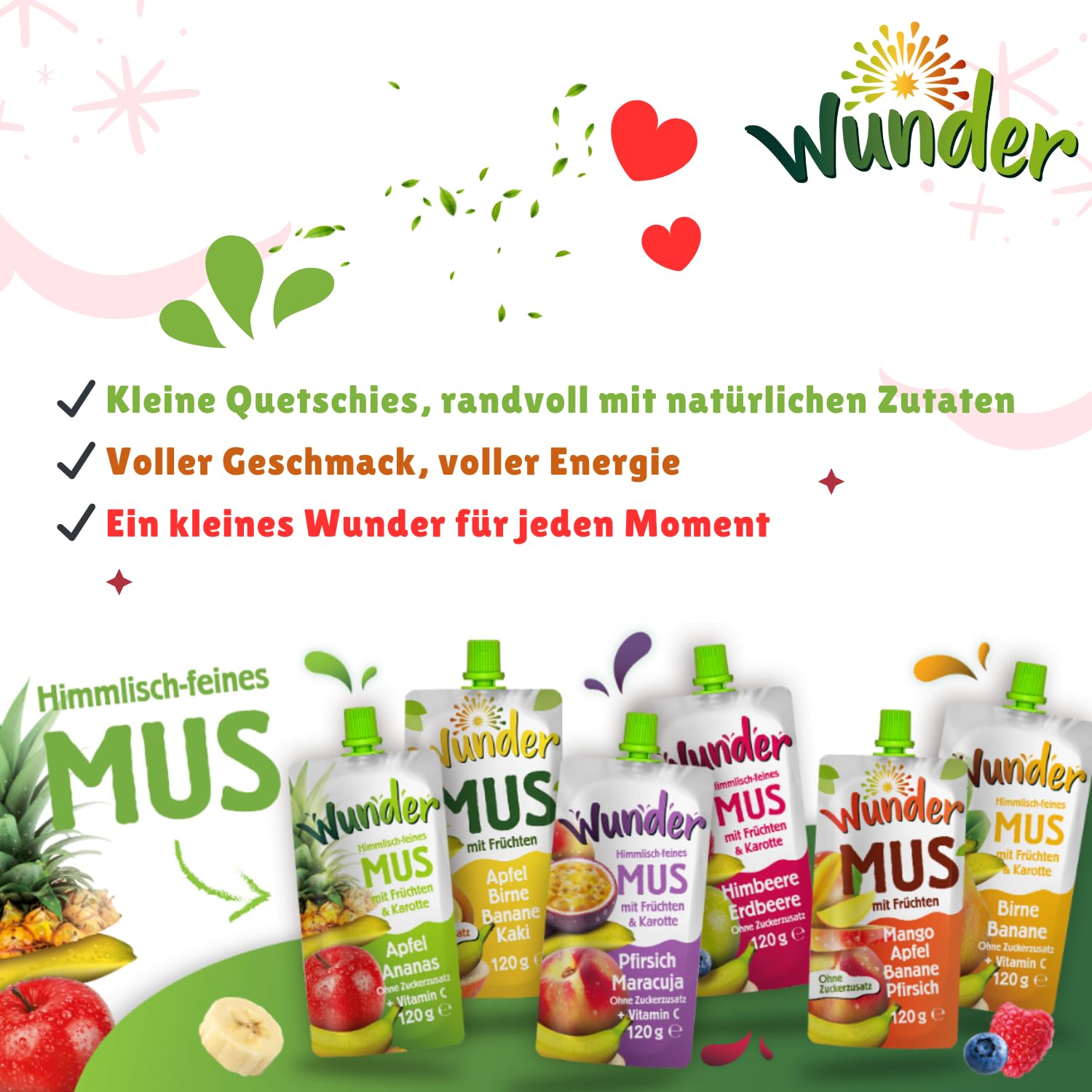 WUNDER Quetschie Mus 12 x 120g Himbeere, Erdbeere, Blaubeere mit Vitamin C, ohne Zuckerzusatz
