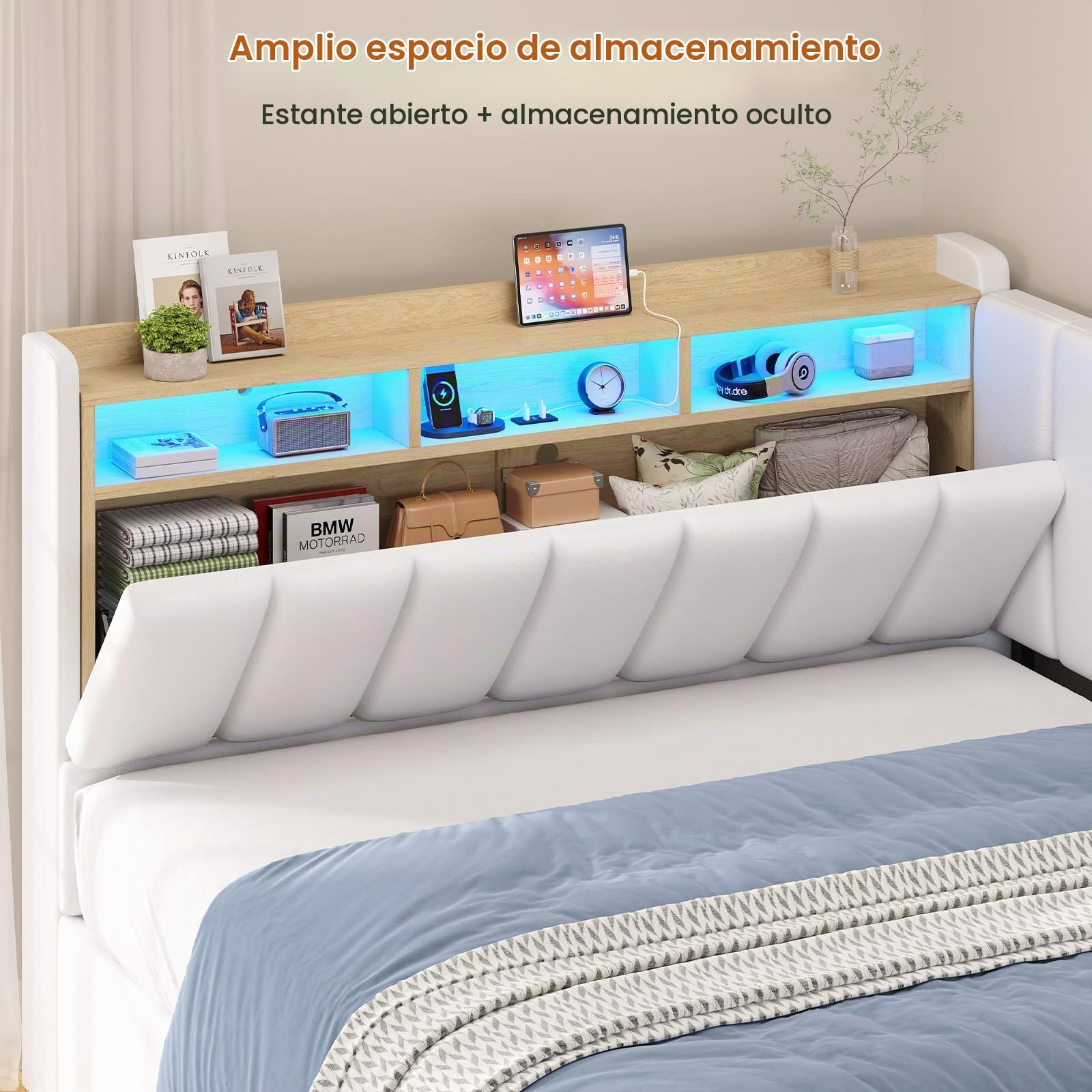 Cama tapizada con iluminación LED, cama juvenil de 140 x 190 cm, cama con somier y estación de carga, cabecero con espacio de almacenamiento oculto, Amplio espacio de almacenamiento,color blanco PU