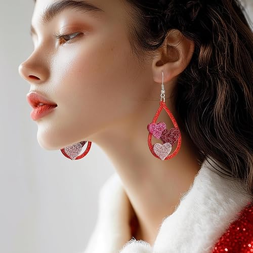 Miniatura 5 de Pingyongchang Aretes colgantes con diseño de insectos y gatos pingüino para el día de San Valentín con purpurina roja diseño de corazón gnomo