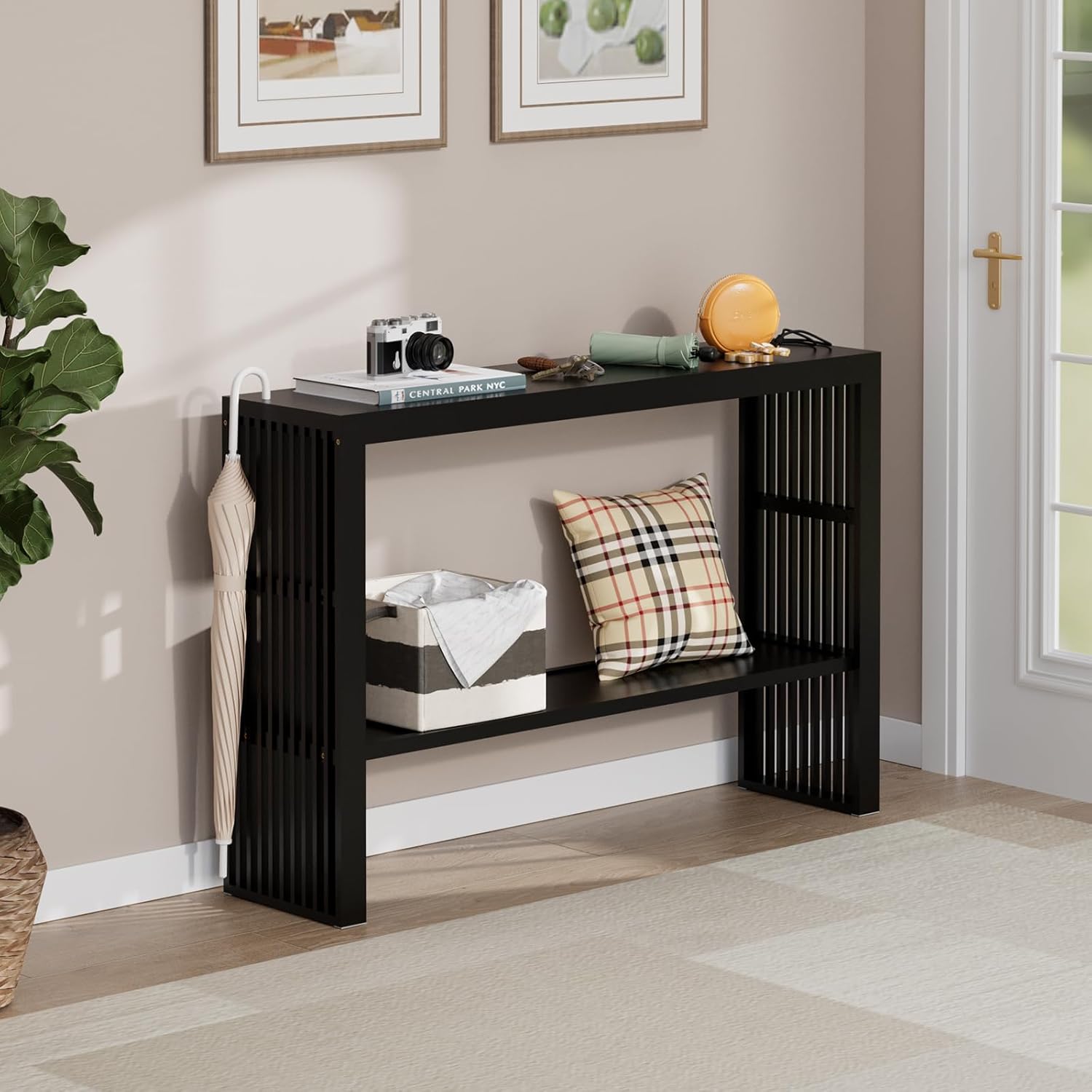 Bamboo 47.2" Narrow Console Table, 2-Tier Farmhouse Side Table, Rectangular Entryway Table, Modern Sofa Table Behind Couch with Storage Shelves for Entrance, Living Room, Hallway, Foyer (Black) - Image 3