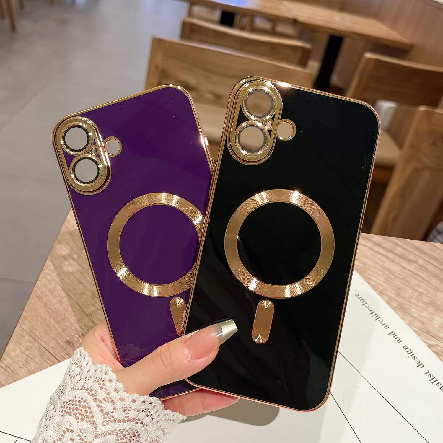 OOK Magnatic Case for iPhone 16 Case [Compatible with MagSafe] Full Camera Lens Protector Gold Electroplate Edge Soft TPU Shockproof Protective Phone Case for Women Men 6.1 Inch - Black - Image 4