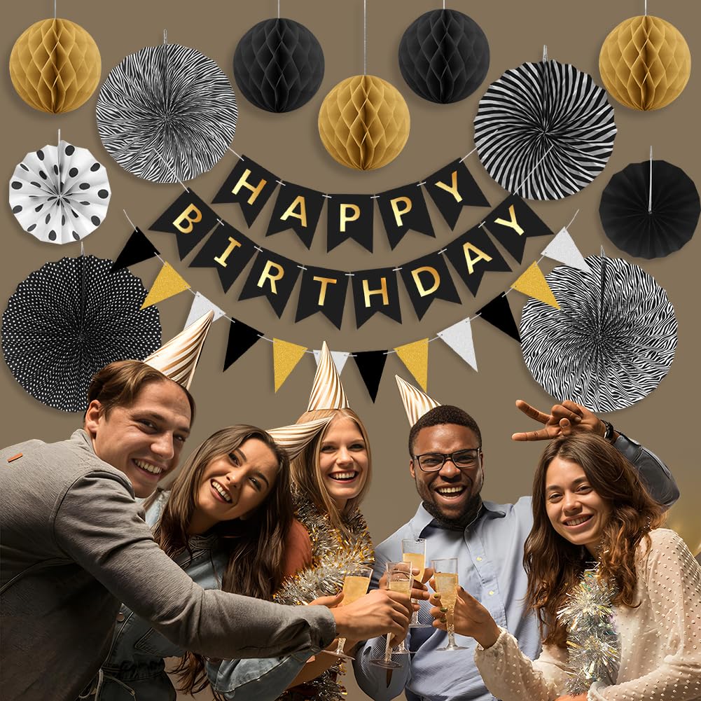 Decorazioni Per Feste Di Compleanno Minicoco – Pompon Nero E Oro, Riutilizzabili - 5