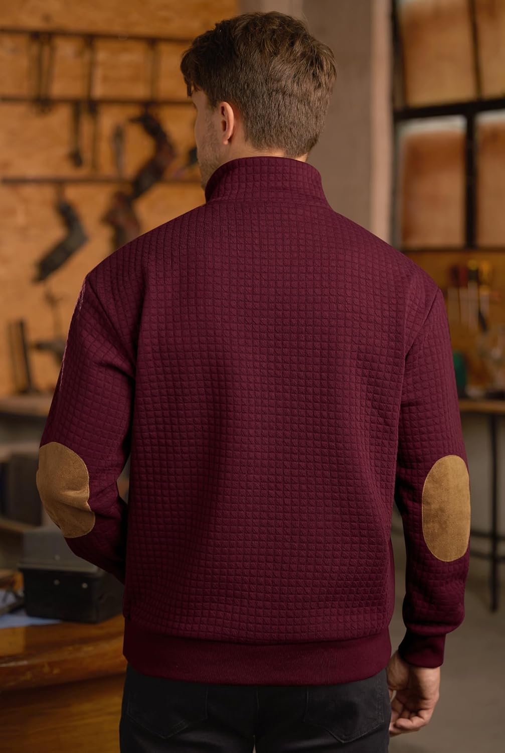 Men's Textured Sweatshirt Fleece Lined Thermal Elbow Patches Heavyweight Pullover Burgundy Medium - Image 8