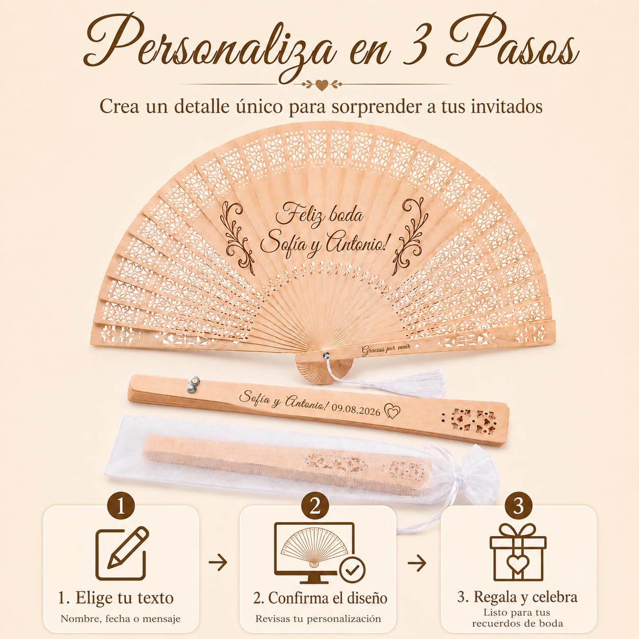 100pcs Abanicos Boda para Invitados Personalizados, Abanicos de Madera para Bodas con Nombre o Texto, para Recuerdos para Invitados, Decoraciones para Fiestas Y Diversas Actuaciones