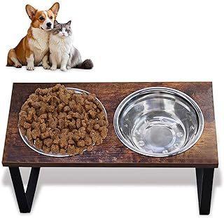 Elevated Dog Food and Water Bowl Set, Large Dog Bowl with Stand, Rustic Wooden Raised Feeder with Stainless Steel Bowls, Tilted Design for Medium and Large Dogs (Black)