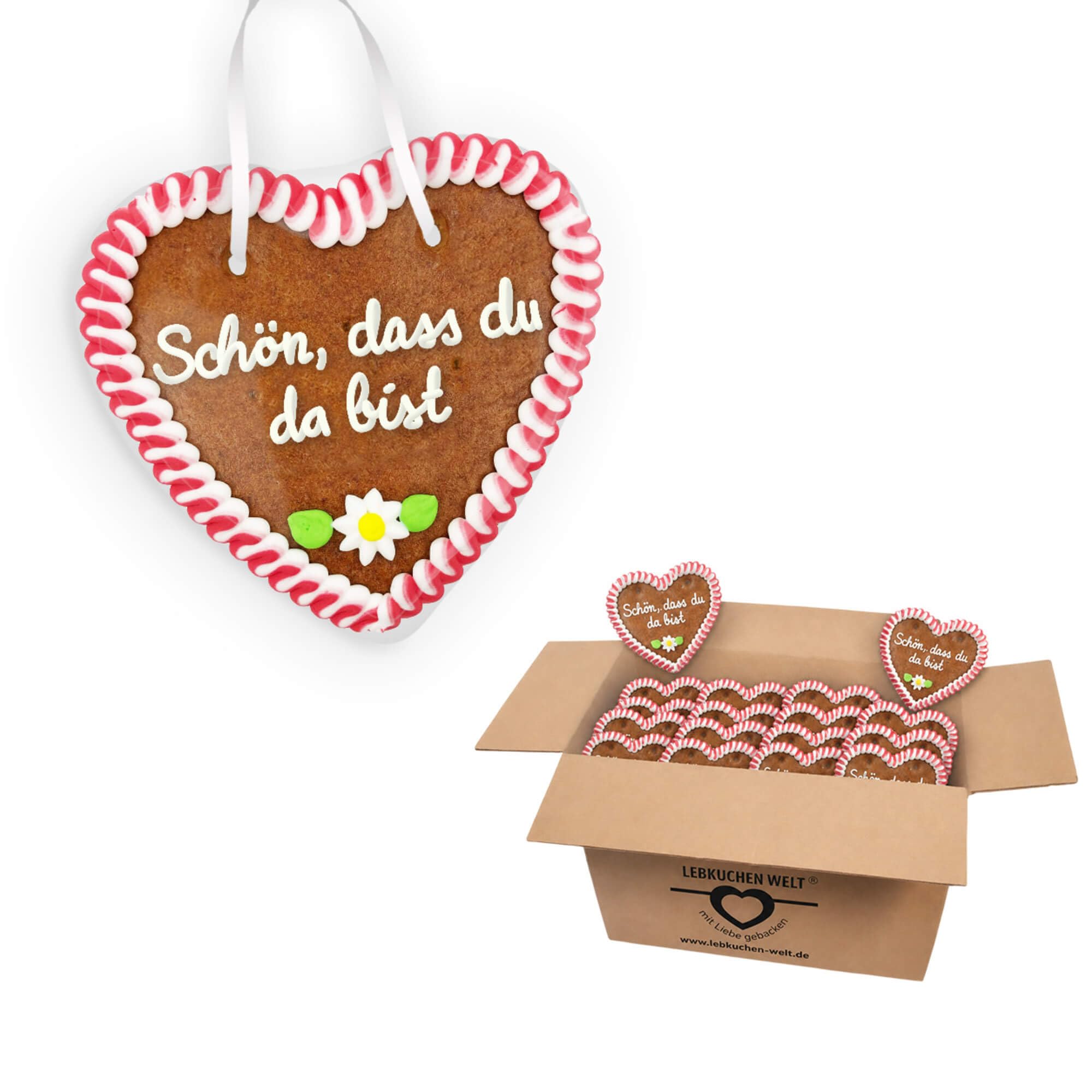 10x Lebkuchenherz mit Spruch "Schön, dass du da bist", 14 cm LEBKUCHEN WELT