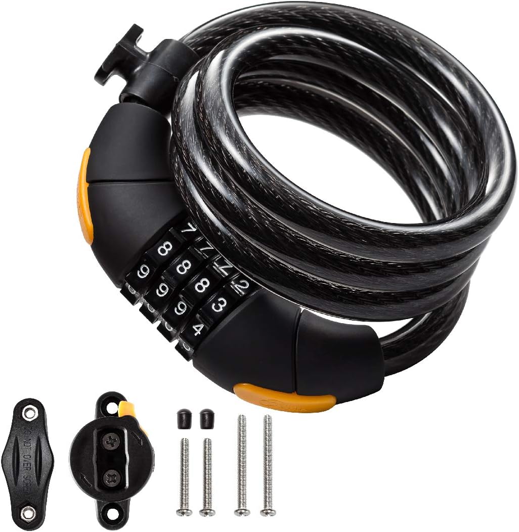 Via Velo Bike Lock Combination Cable Lock Combinationa Lock with 4-Feet Bike Cable Basic Self Coiling Resettable Combination with Complimentary Mounting Bracket, 4 Feet x 1/2 inch(12mm) Cable.