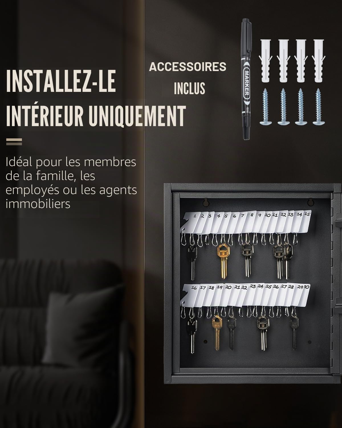 Uniclife Armoire à Clés à Fente 60 Clés avec Serrure à Combinaison à Code Réinitialisable Boîte à Clés Noire Murale avec Casiers à Fentes Étiquettes de Clés Blanches et Marqueur Permanent