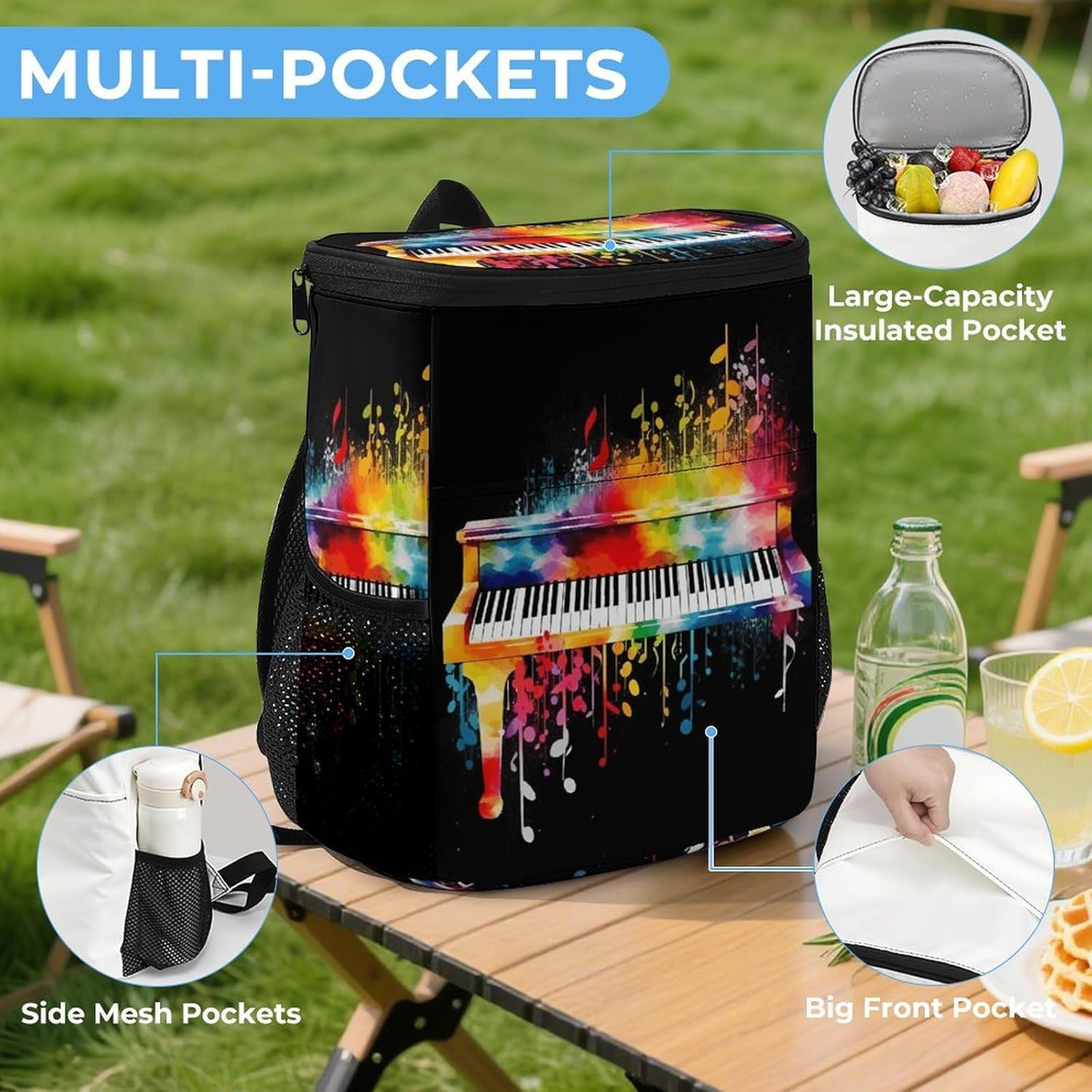 Colorful Piano Keyboard Music NoteCooler Backpack Fashion Large Capacity Lunch Backpacks Lightweight Insulated Backpacks Travel Cooler Bag Cooler Pack Ice Pack Keep Fresh Backpack Coolers