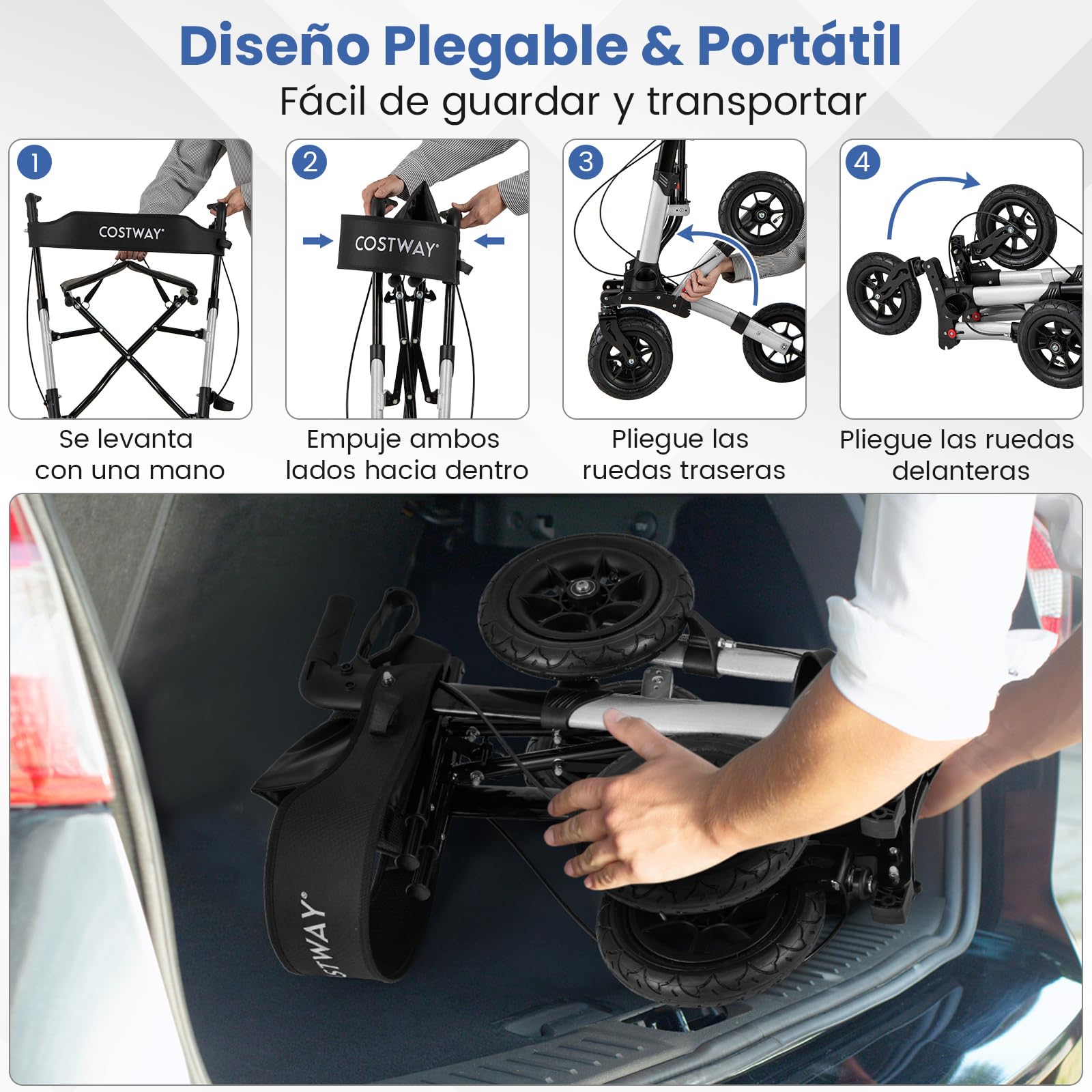 COSTWAY Andador para Ancianos con Asiento, Taca Taca Adultos Plegable, Altura Ajustable 81,5 a 97 cm, 4 Ruedas de Neumáticos, Caminadores para Mayores, Estructura de Aluminio Ligera (plata)