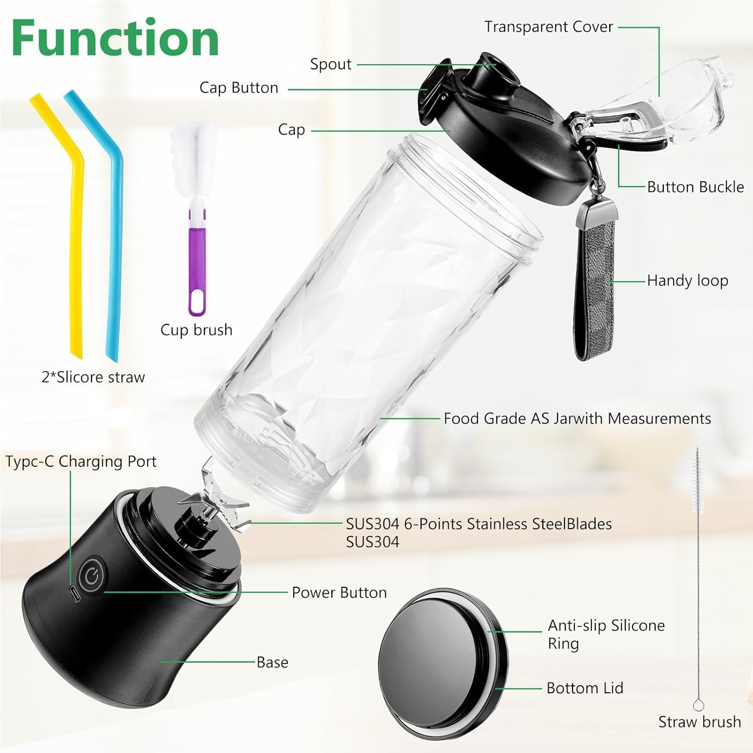 Frullatore Portatile Ricaricabile 600ml - 6 Lame Acciaio Inox Con Luci LED Per Frullati E Smoothie