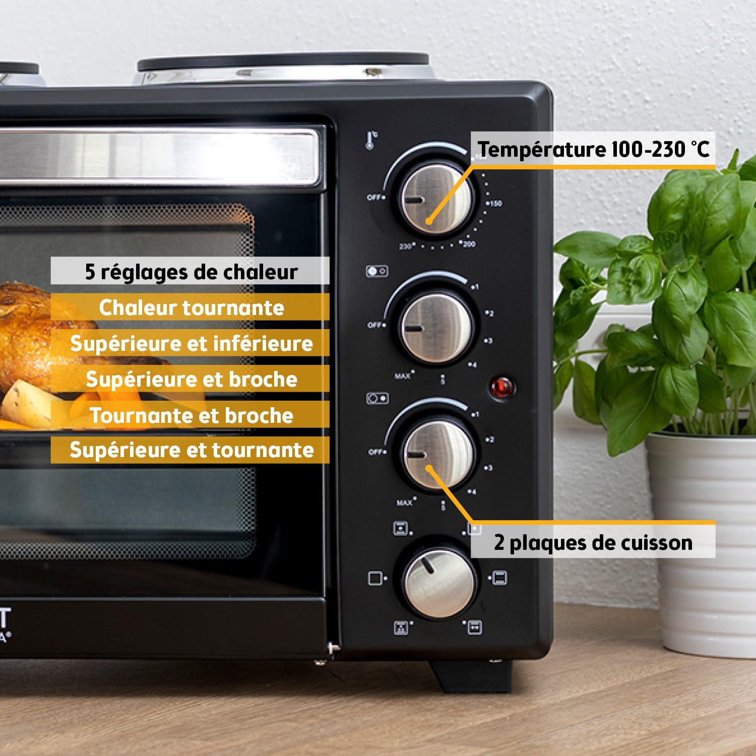 TZS First Austria - Mini-Four avec plaques de cuisson 30L 3200 W - Four à pizza jusqu'à 230°C et 6 modes de chauffage - Four multifonction avec 4 hauteurs d'insertion et accessoires de haute qualité