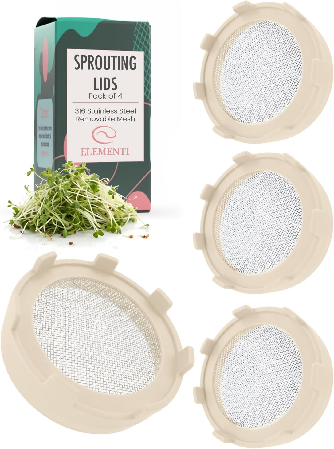 Elementi Sprouting Lids for Wide Mouth Mason Jars (Set of 4), Sprouting Jar Kit for Organic Alfalfa & Mung Bean Sprouts Growing Kit, 316 Stainless Steel Mesh Screen Strainer Lid (Sage Green)