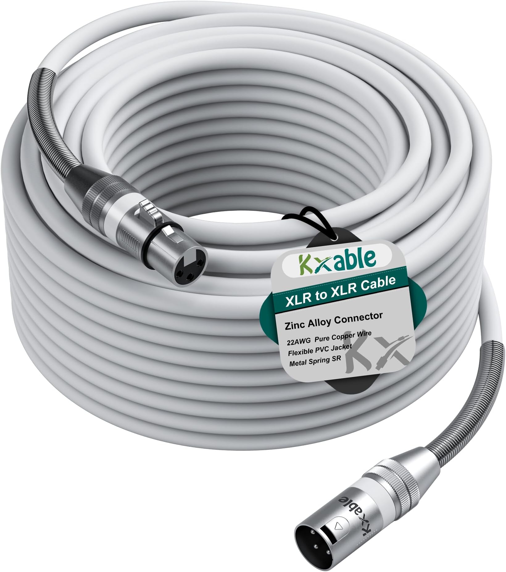 Kxable XLR Microphone Cable 100 FT, XLR Male to Female Balanced Mic Cable, 3-Pin Shielded Speaker Cord, Zinc Alloy Connectors, 22AWG Pure Copper, Metal Spring SR, Recording Studio, Podcast, White