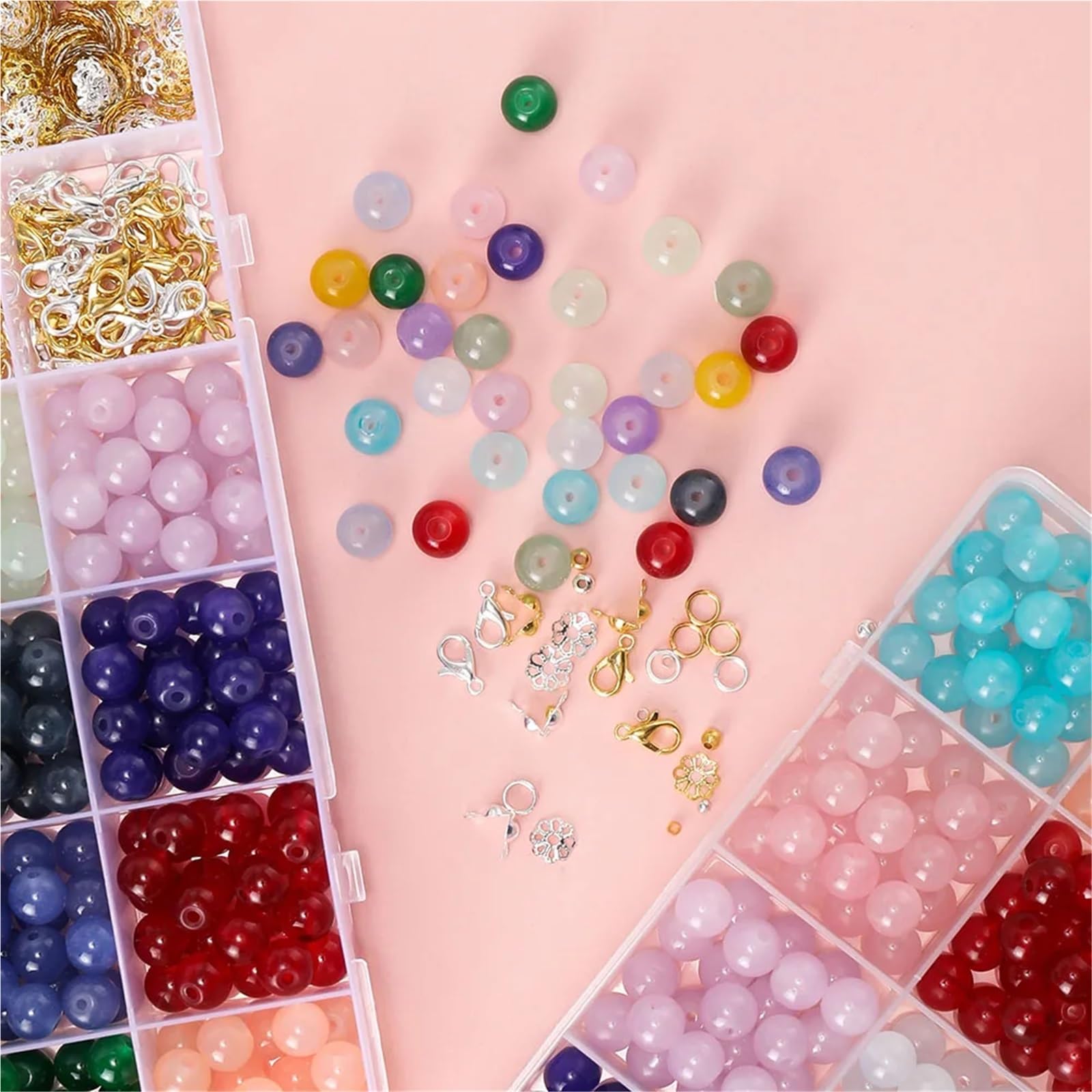Schmuck Selber Machen Set 450–1300 Stück 8 mm Glasperlen aus Jadeimitat mit Karabinerverschluss, Perlenkappen, Metallschmuck-Sets for selbstgemachte Armbänder und Halsketten(Color 2)