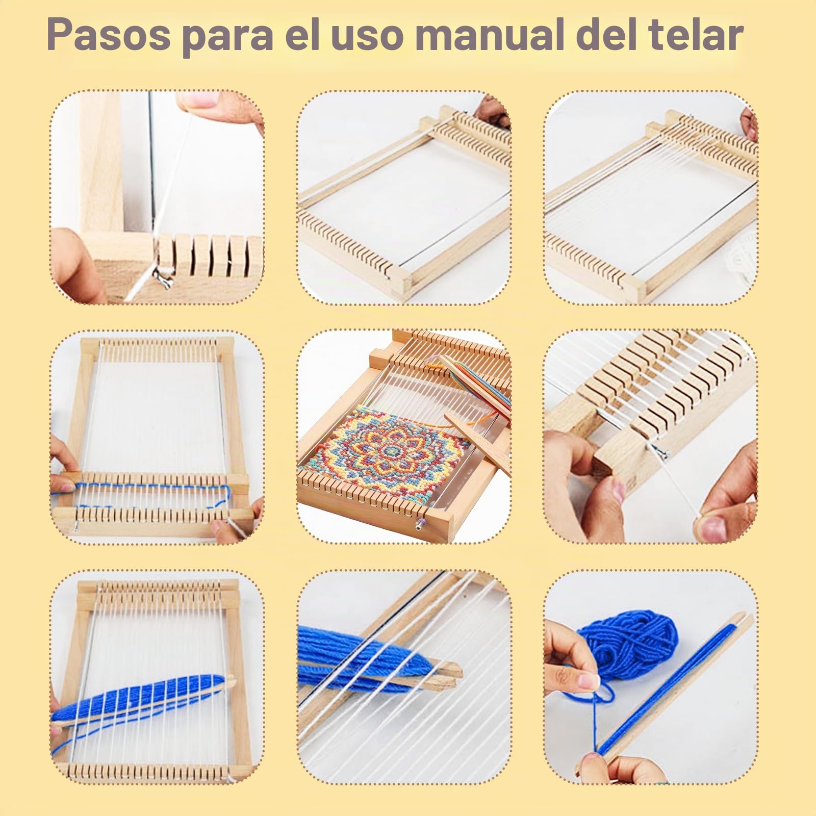 BEELUKY Telar de Madera Niños Kit de Marco de Madera para Tejer 29x19 cm Maquina de Tejer Madera Con Aguja, Navaja, Lana de Colores para Principiantes Tejeduría Posavasos Bufandas Adornos de Pared
