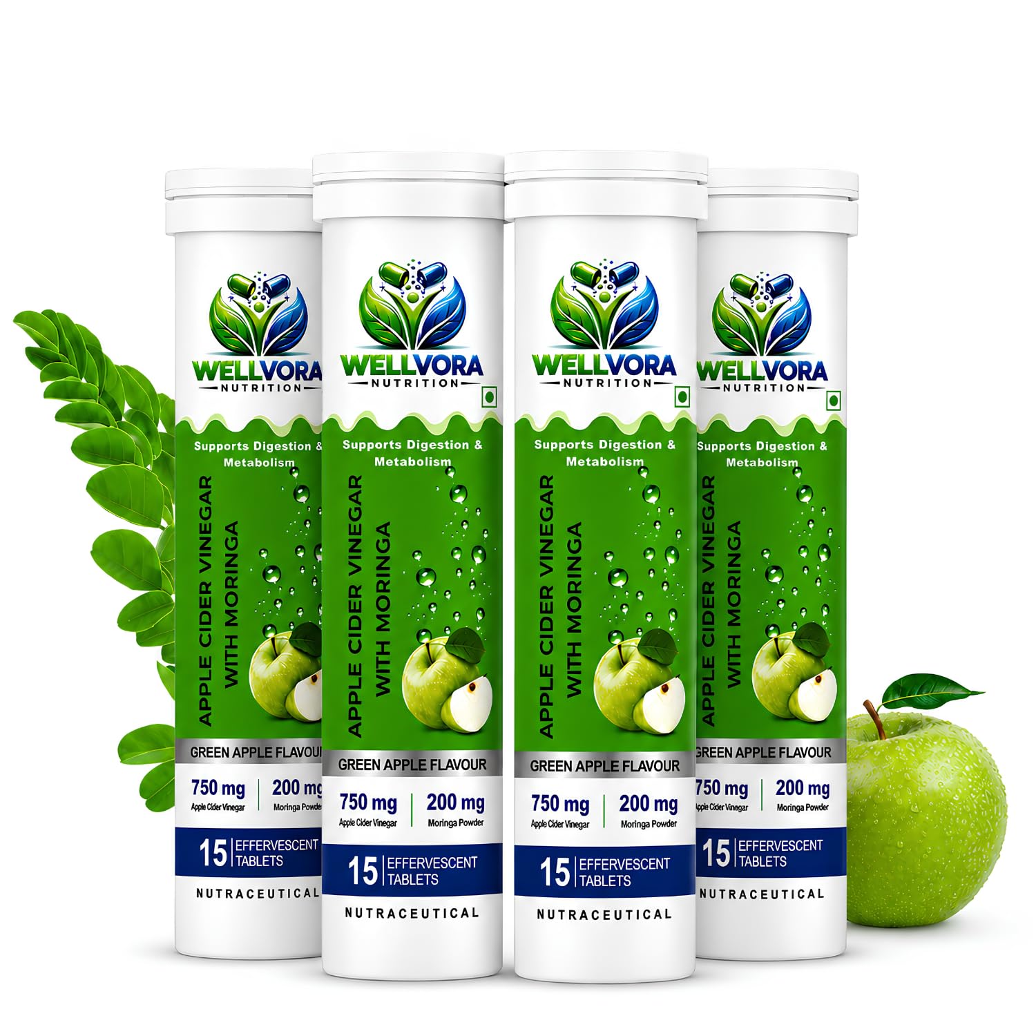 Wellvora Apple Cider Vinegar with Moringa Effervescent Tablets PACK 4 | 750mg ACV + 200mg Moringa, Green Apple Flavour, Supports Digestion, Boosts Metabolism, 15 Tablets-image-37